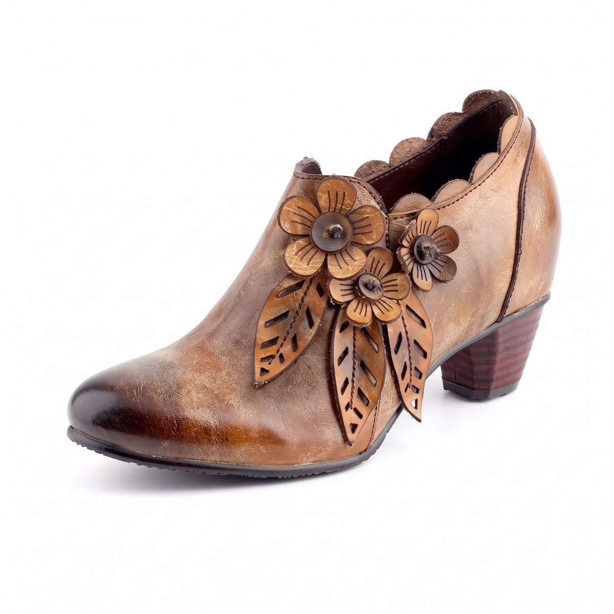 Flora - Women's Floral Applique Ankle Boots with Block Heel and Side Zip - Boots - Brown - Davies & Cooper