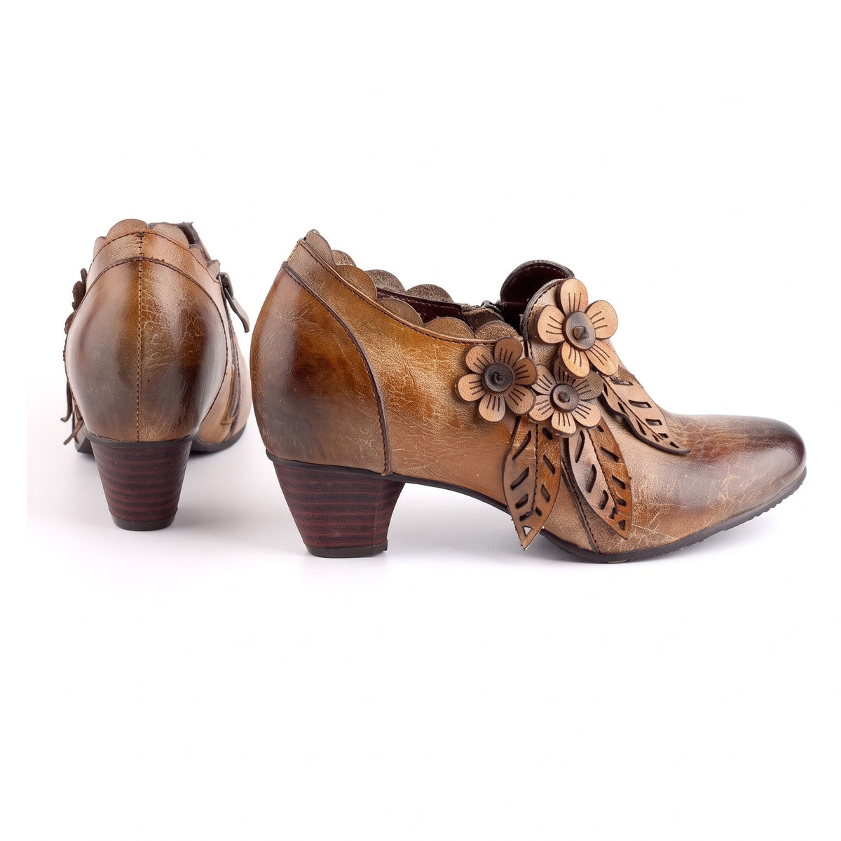 Flora - Women's Floral Applique Ankle Boots with Block Heel and Side Zip - Boots - Brown - Davies & Cooper