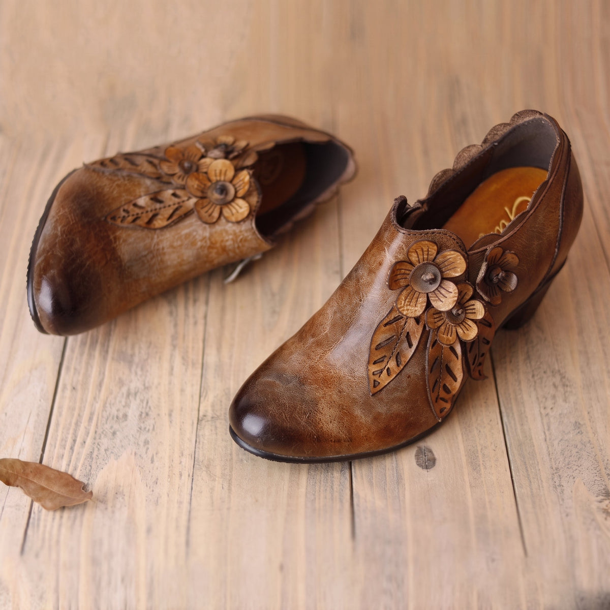 Flora - Women's Floral Applique Ankle Boots with Block Heel and Side Zip - Boots - Brown - Davies & Cooper