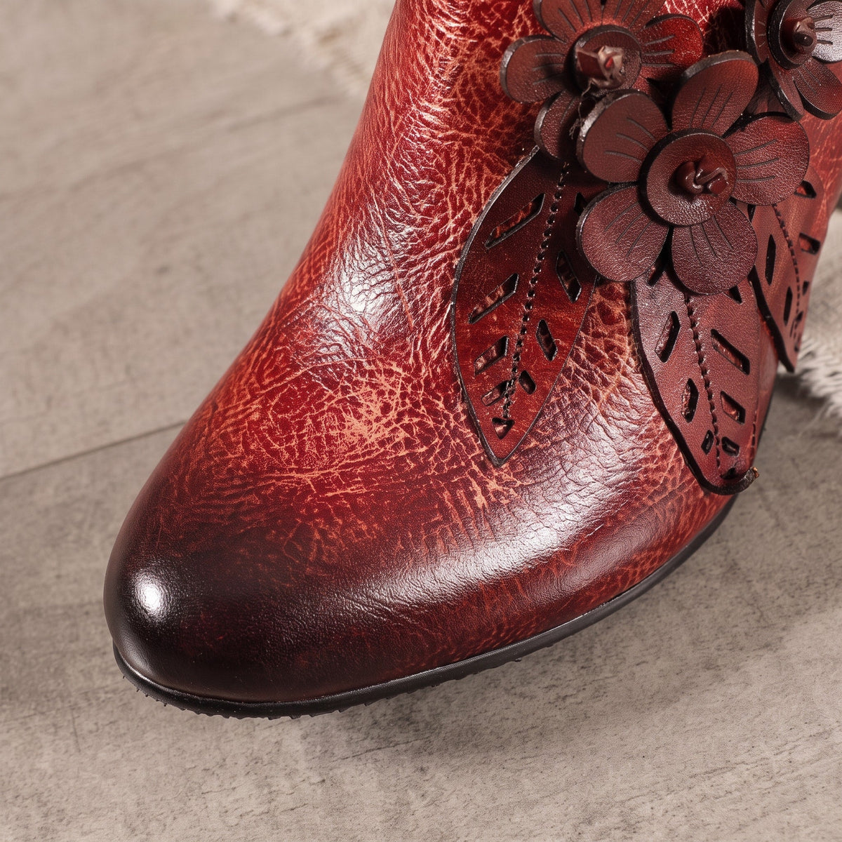 Flora - Women's Floral Applique Ankle Boots with Block Heel and Side Zip - Boots - Red - Davies & Cooper