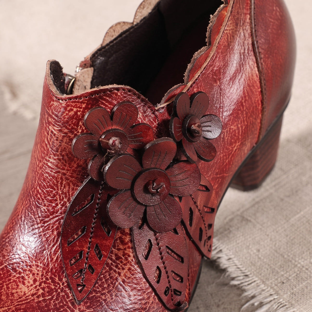 Flora - Women's Floral Applique Ankle Boots with Block Heel and Side Zip - Boots - Red - Davies & Cooper
