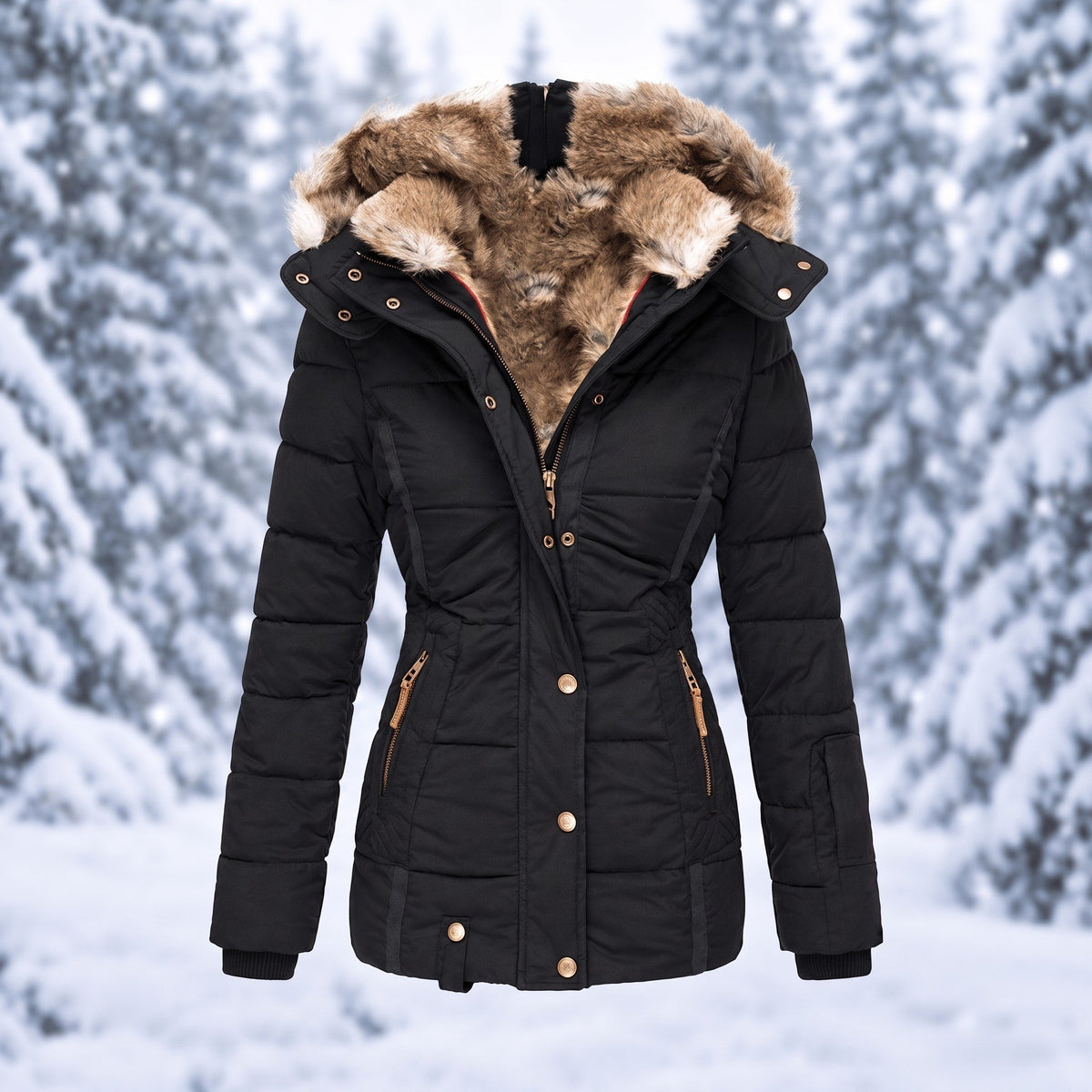 Florence - Women's Faux Fur Hood Quilted Parka with Zip Pockets - Coats & Jackets - Black - Davies & Cooper