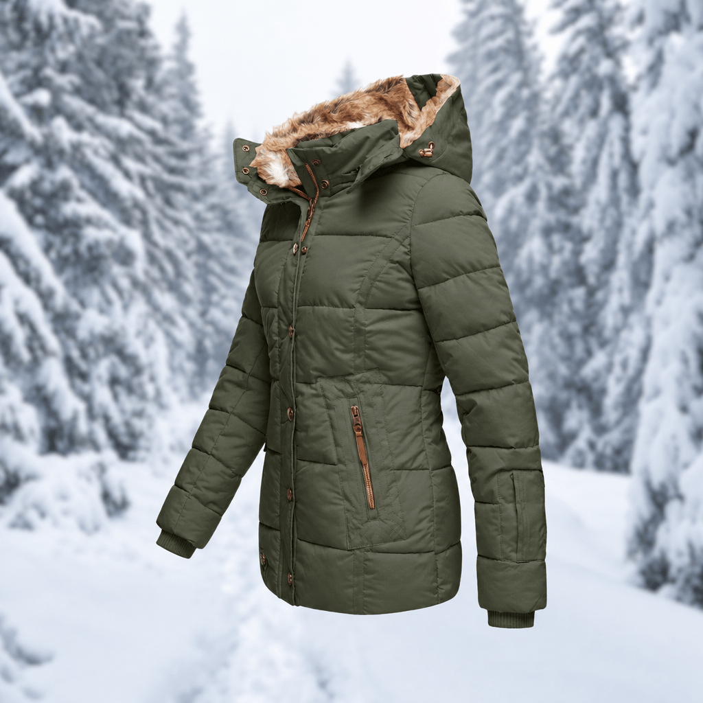 Florence - Women's Faux Fur Hood Quilted Parka with Zip Pockets - Coats & Jackets - Green - Davies & Cooper