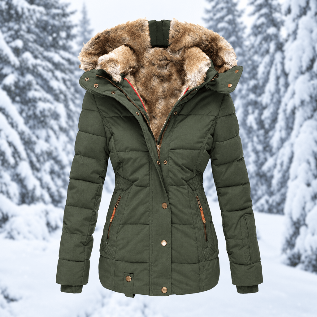 Florence - Women's Faux Fur Hood Quilted Parka with Zip Pockets - Coats & Jackets - Green - Davies & Cooper