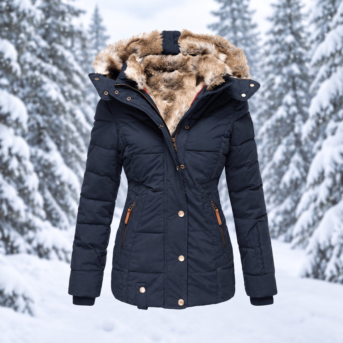 Florence - Women's Faux Fur Hood Quilted Parka with Zip Pockets - Coats & Jackets - Blue - Davies & Cooper