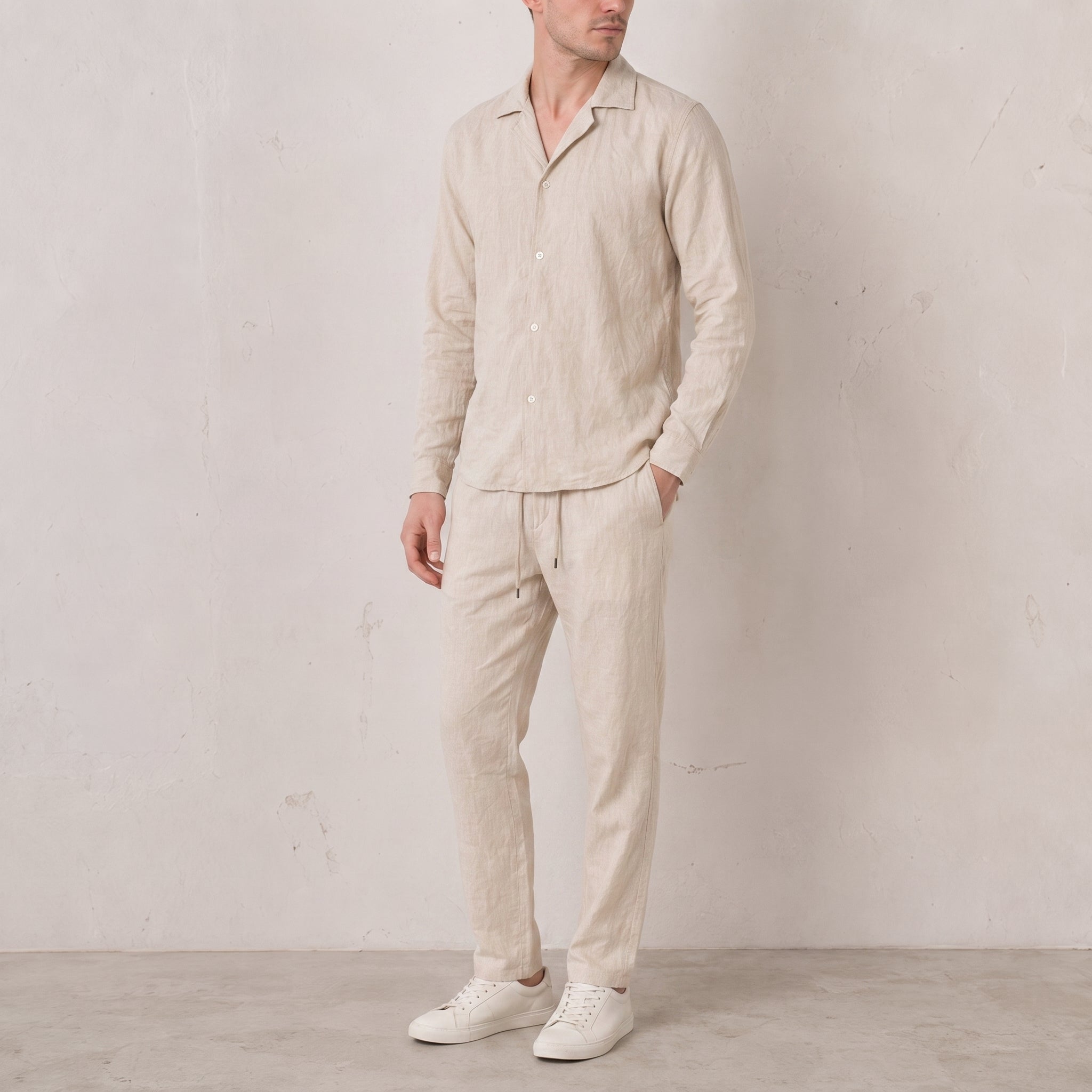 Frederick - Men's Summer Relaxed Fit Drawstring Trouser Co-ord Set - Outfit Sets - Beige - Davies & Cooper