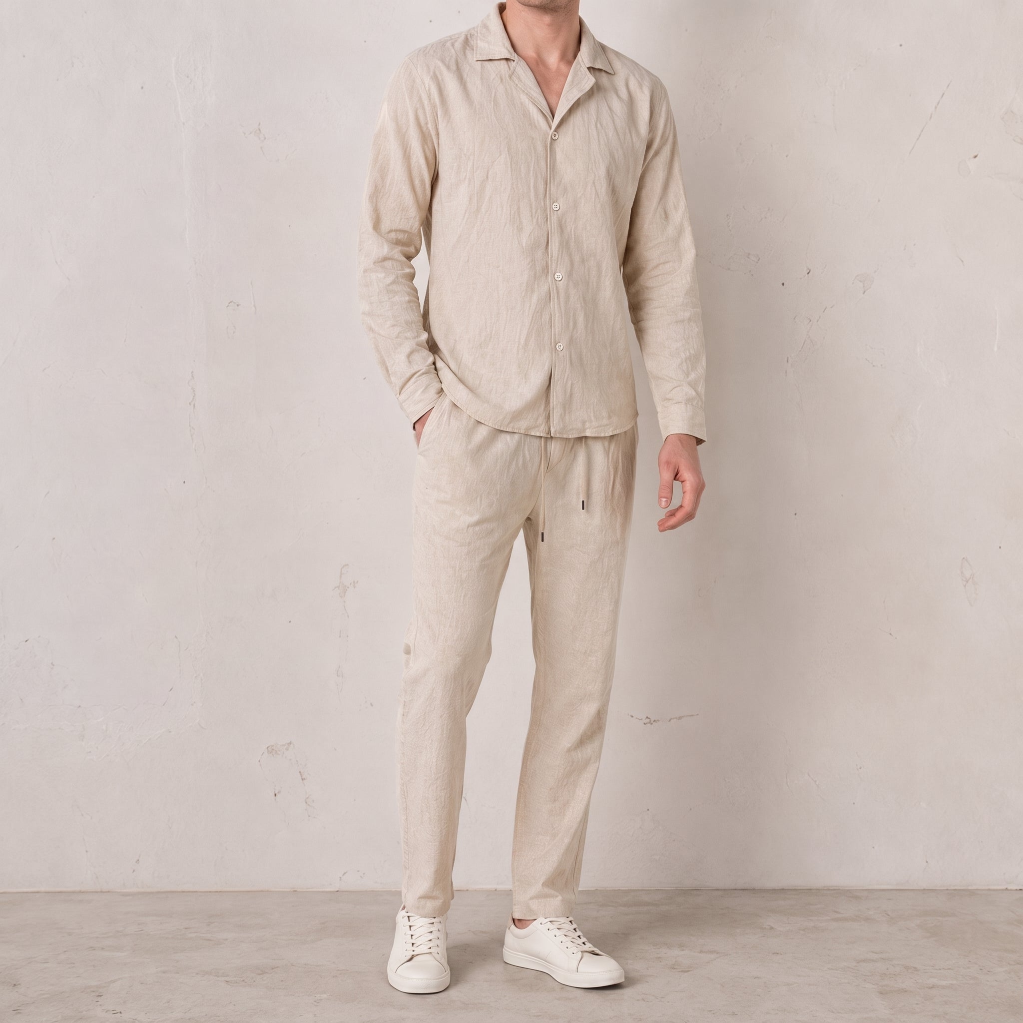 Frederick - Men's Summer Relaxed Fit Drawstring Trouser Co-ord Set - Outfit Sets - Beige - Davies & Cooper