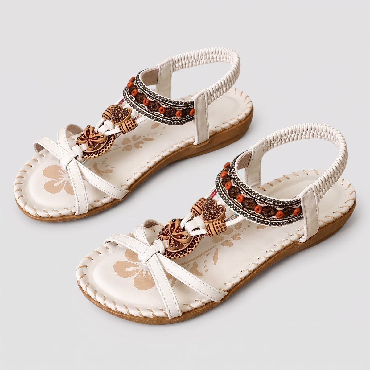 Freya - Women's Bohemian Beaded Flat Sandals with Elastic Ankle Strap - Sandals - White - Davies & Cooper