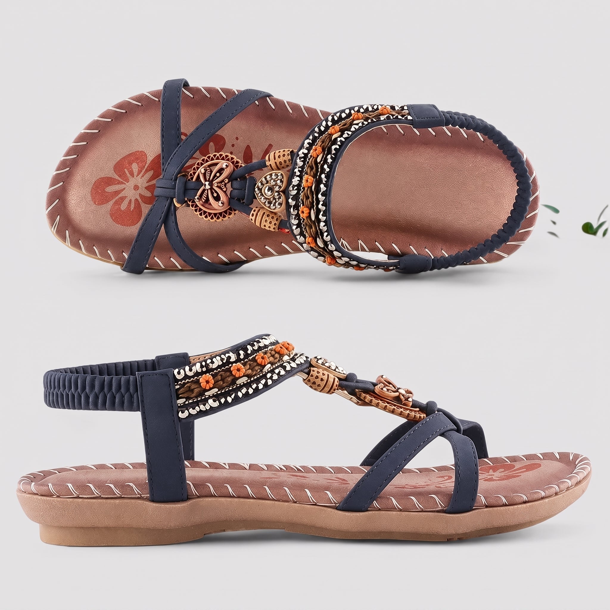 Freya - Women's Bohemian Beaded Flat Sandals with Elastic Ankle Strap - Sandals - Blue - Davies & Cooper