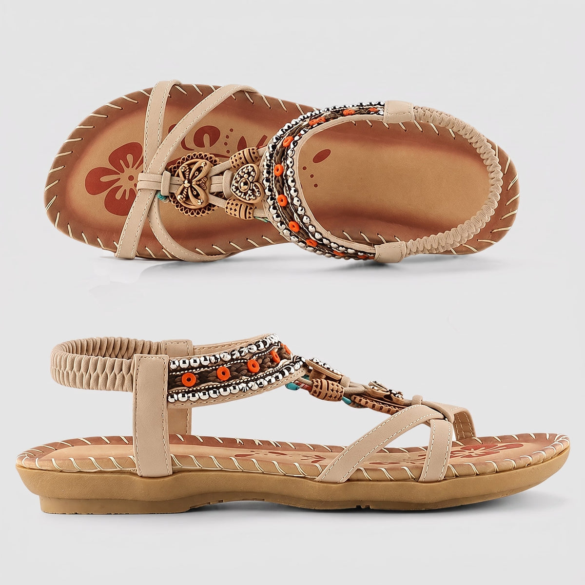 Freya - Women's Bohemian Beaded Flat Sandals with Elastic Ankle Strap - Sandals - Beige - Davies & Cooper