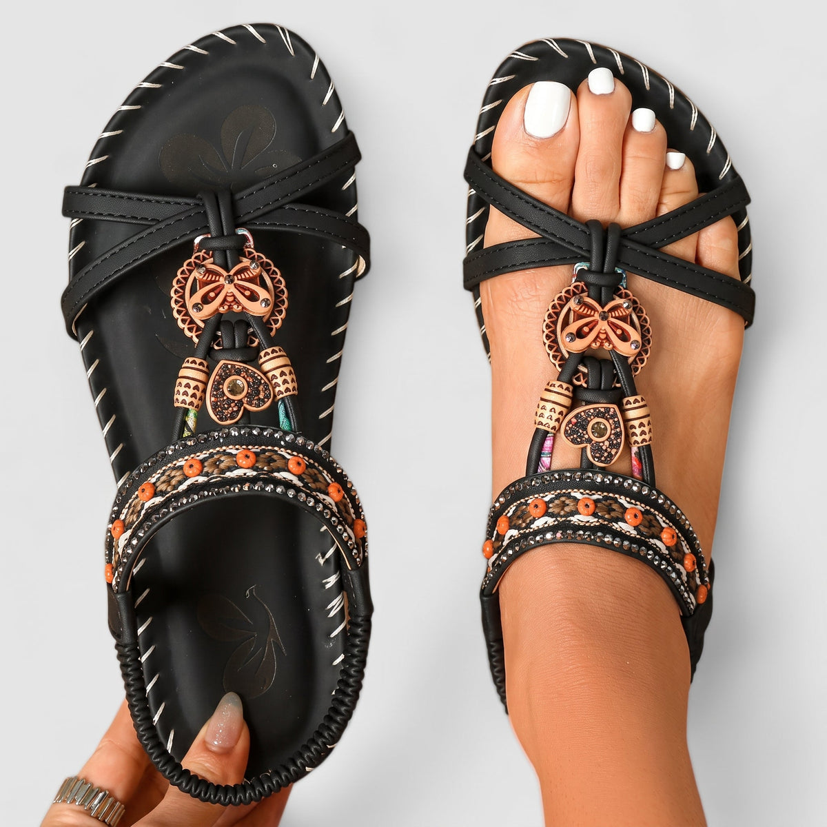 Freya - Women's Bohemian Beaded Flat Sandals with Elastic Ankle Strap - Sandals - Black - Davies & Cooper