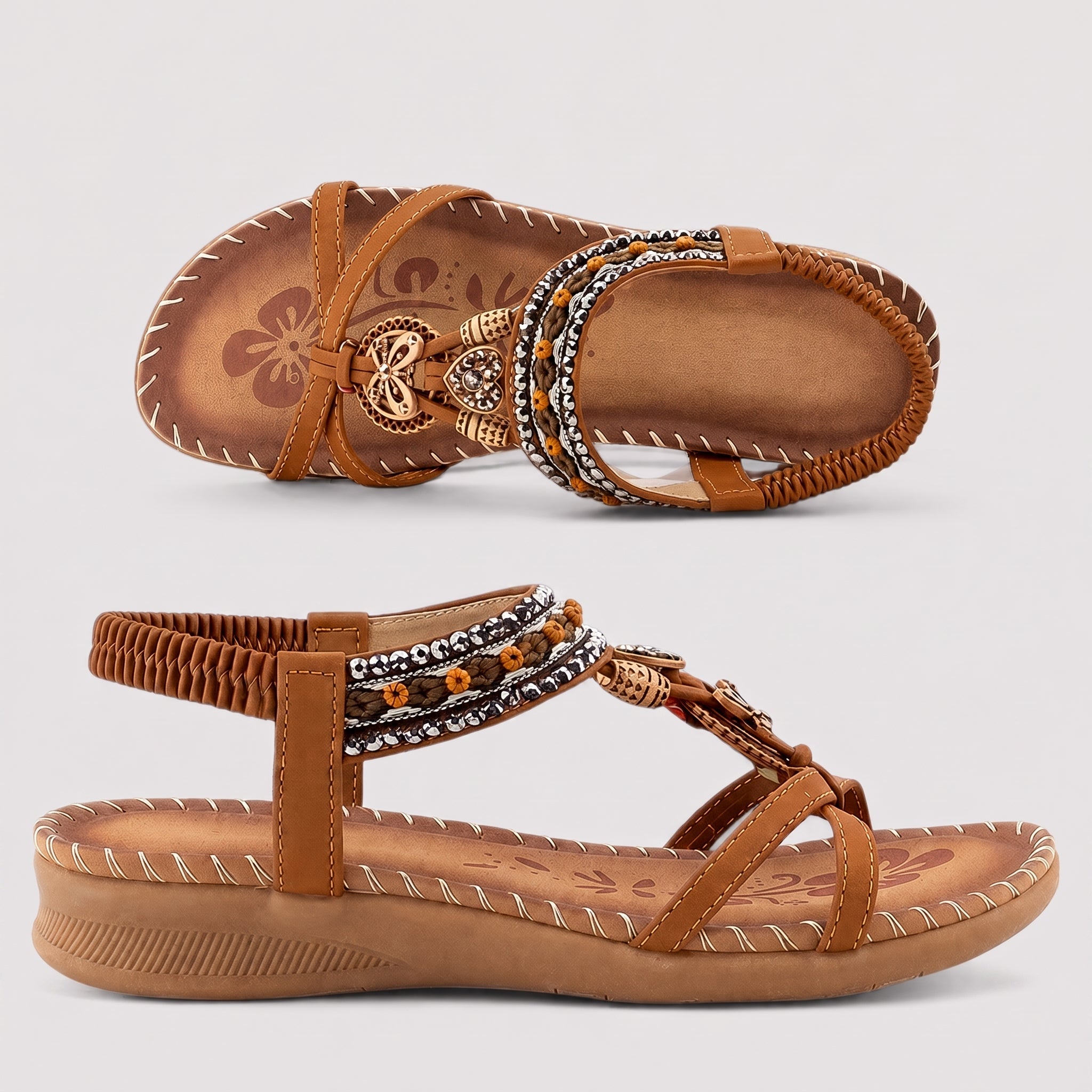 Freya - Women's Bohemian Beaded Flat Sandals with Elastic Ankle Strap - Sandals - Brown - Davies & Cooper