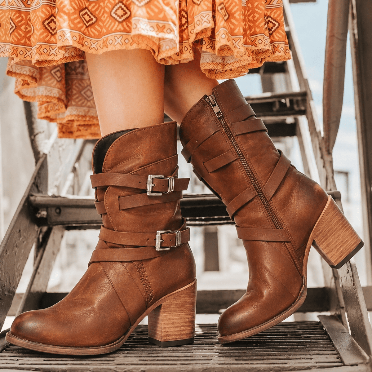 Freya - Women's Buckle Strap Block Heel Mid-Calf Boots - Boots - Brown - Davies & Cooper