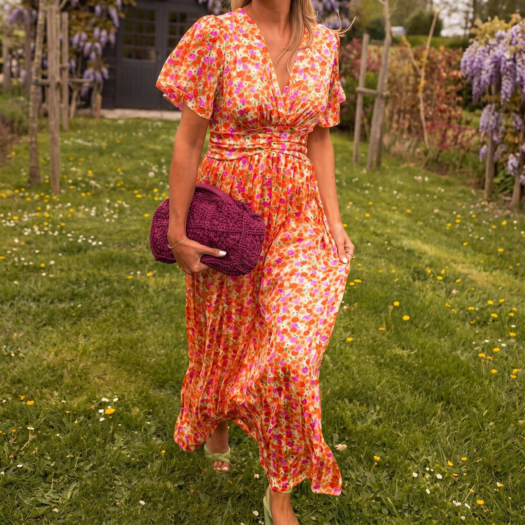 Freya - Women's Floral Wrap Maxi Dress with Flutter Sleeves - Maxi Dresses - Orange - Davies & Cooper
