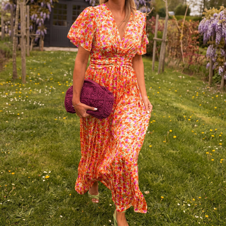 Freya - Women's Floral Wrap Maxi Dress with Flutter Sleeves - Maxi Dresses - Orange - Davies & Cooper