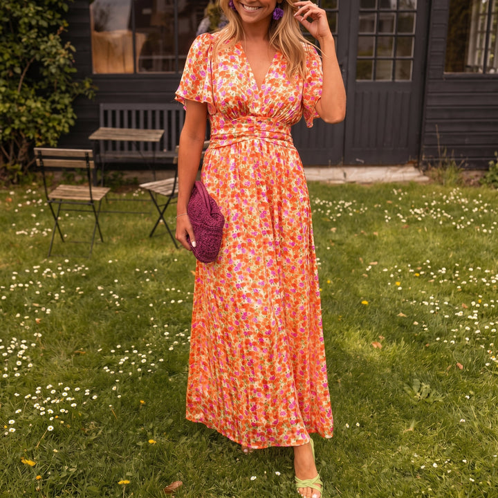 Freya - Women's Floral Wrap Maxi Dress with Flutter Sleeves - Maxi Dresses - Orange - Davies & Cooper