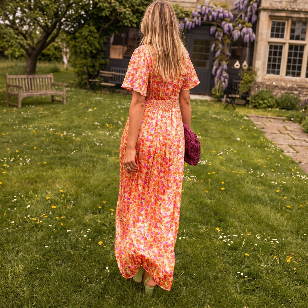Freya - Women's Floral Wrap Maxi Dress with Flutter Sleeves - Maxi Dresses - Orange - Davies & Cooper