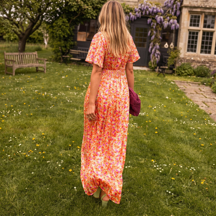 Freya - Women's Floral Wrap Maxi Dress with Flutter Sleeves - Maxi Dresses - Orange - Davies & Cooper