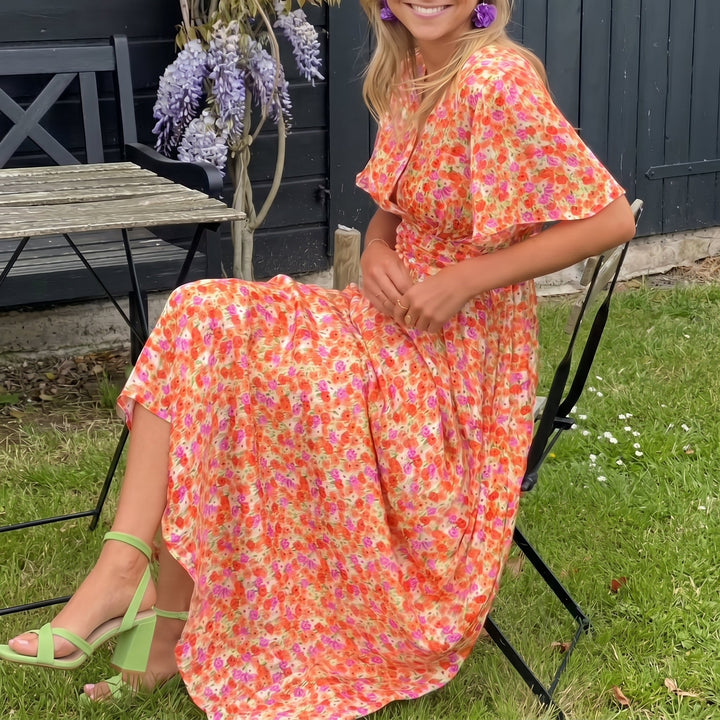 Freya - Women's Floral Wrap Maxi Dress with Flutter Sleeves - Maxi Dresses - Orange - Davies & Cooper
