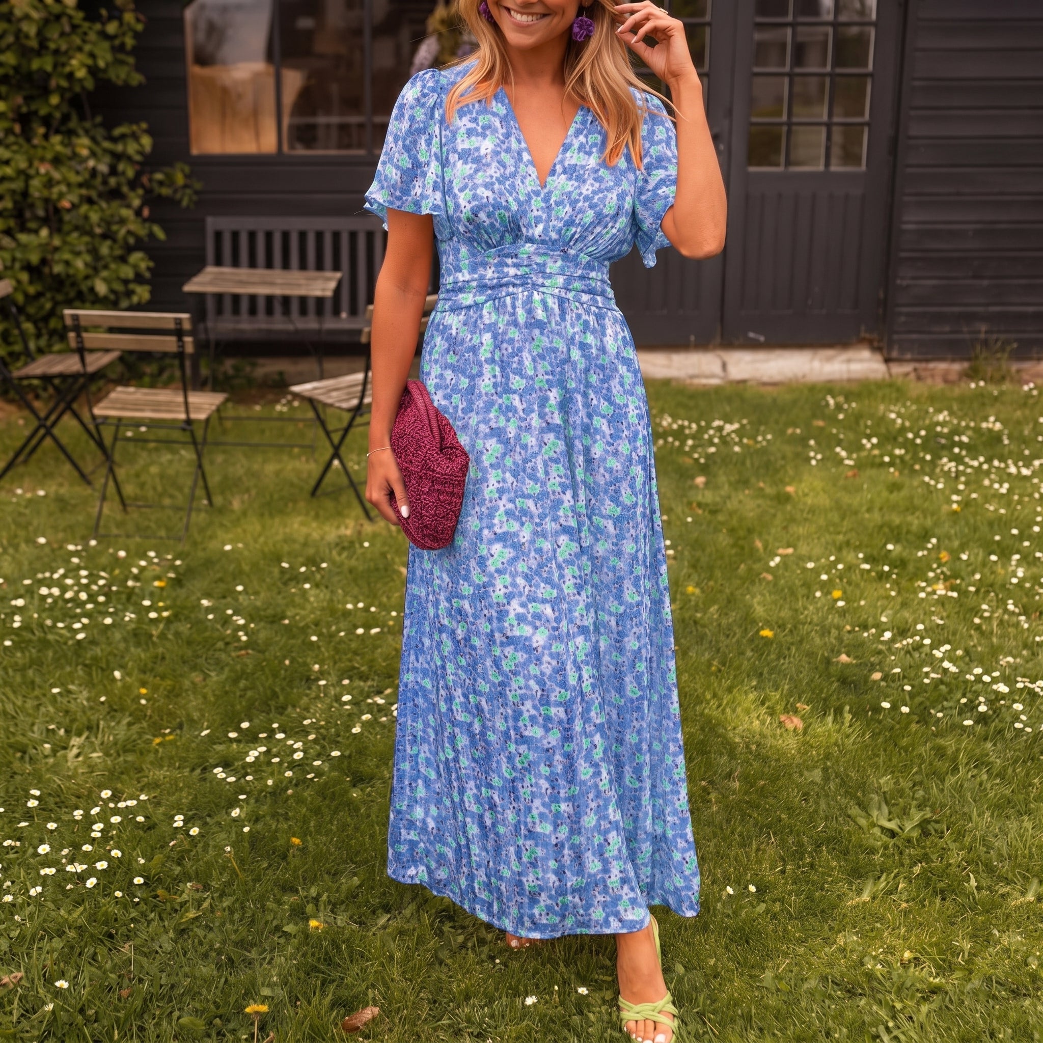 Freya - Women's Floral Wrap Maxi Dress with Flutter Sleeves