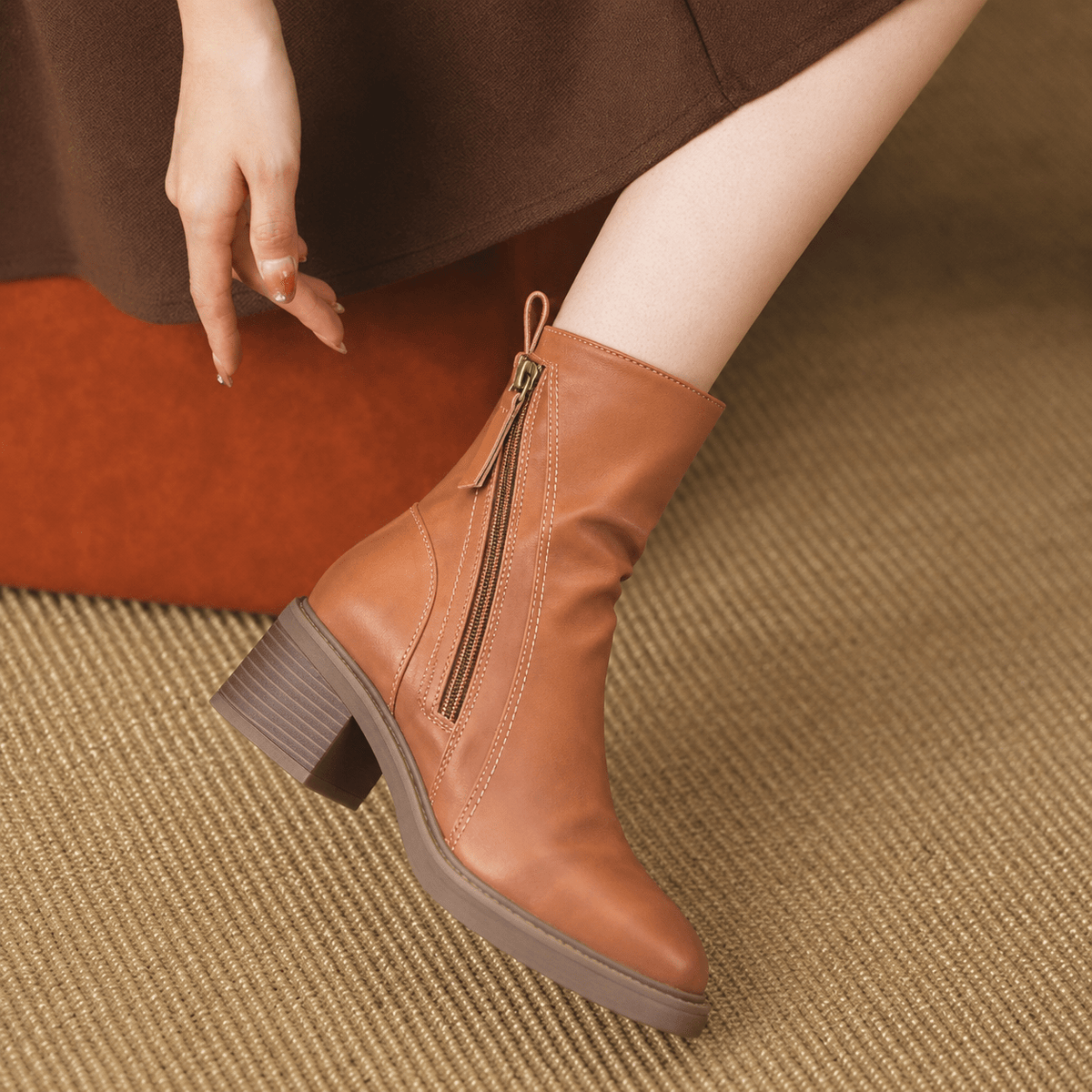 Freya - Women's Pointed Toe Block Heel Ankle Boots with Zip Fastening - Boots - Brown - Davies & Cooper