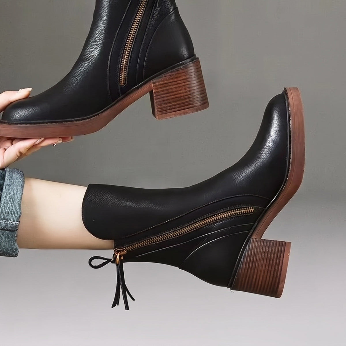 Freya - Women's Pointed Toe Block Heel Ankle Boots with Zip Fastening - Boots - Black - Davies & Cooper