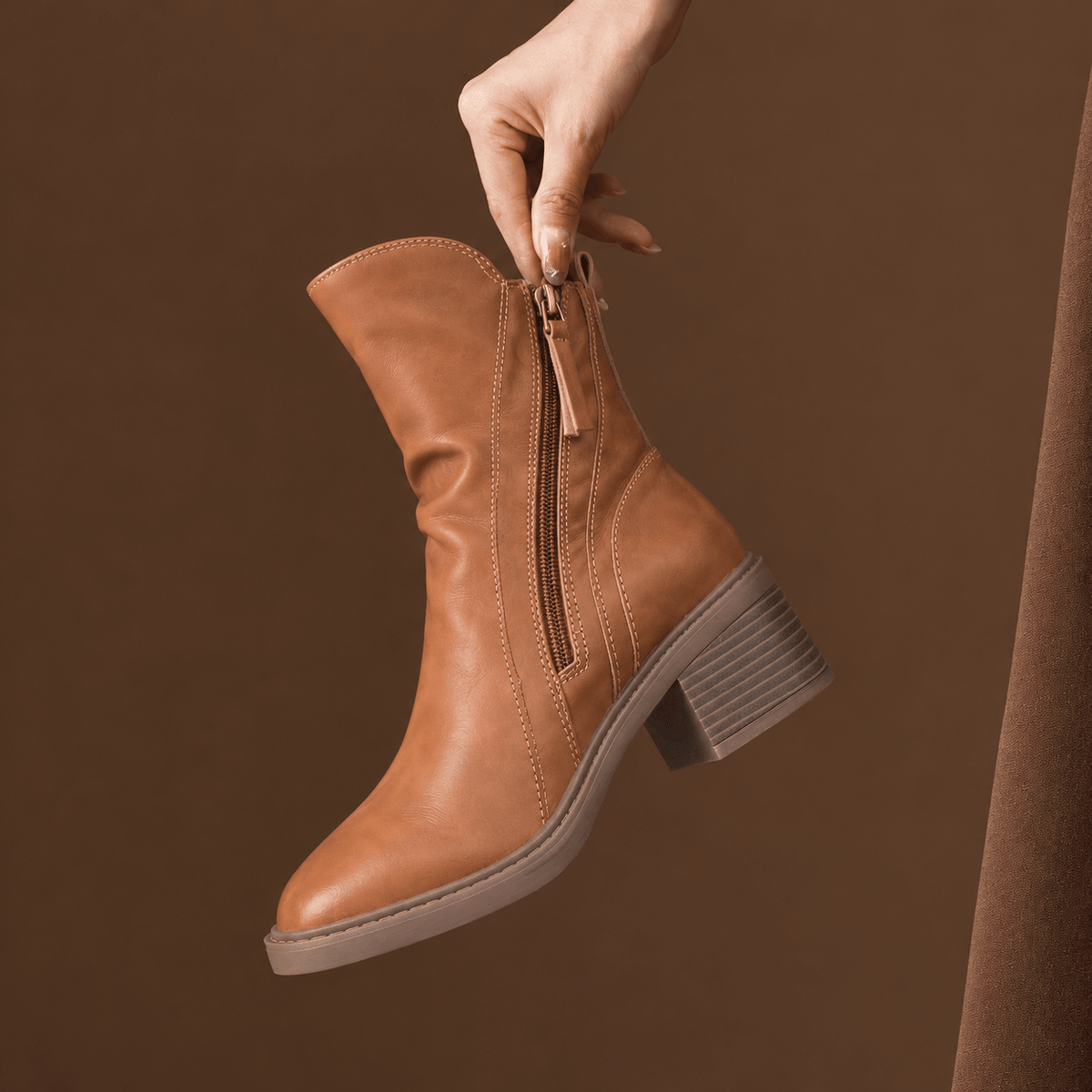 Freya - Women's Pointed Toe Block Heel Ankle Boots with Zip Fastening - Boots - Brown - Davies & Cooper