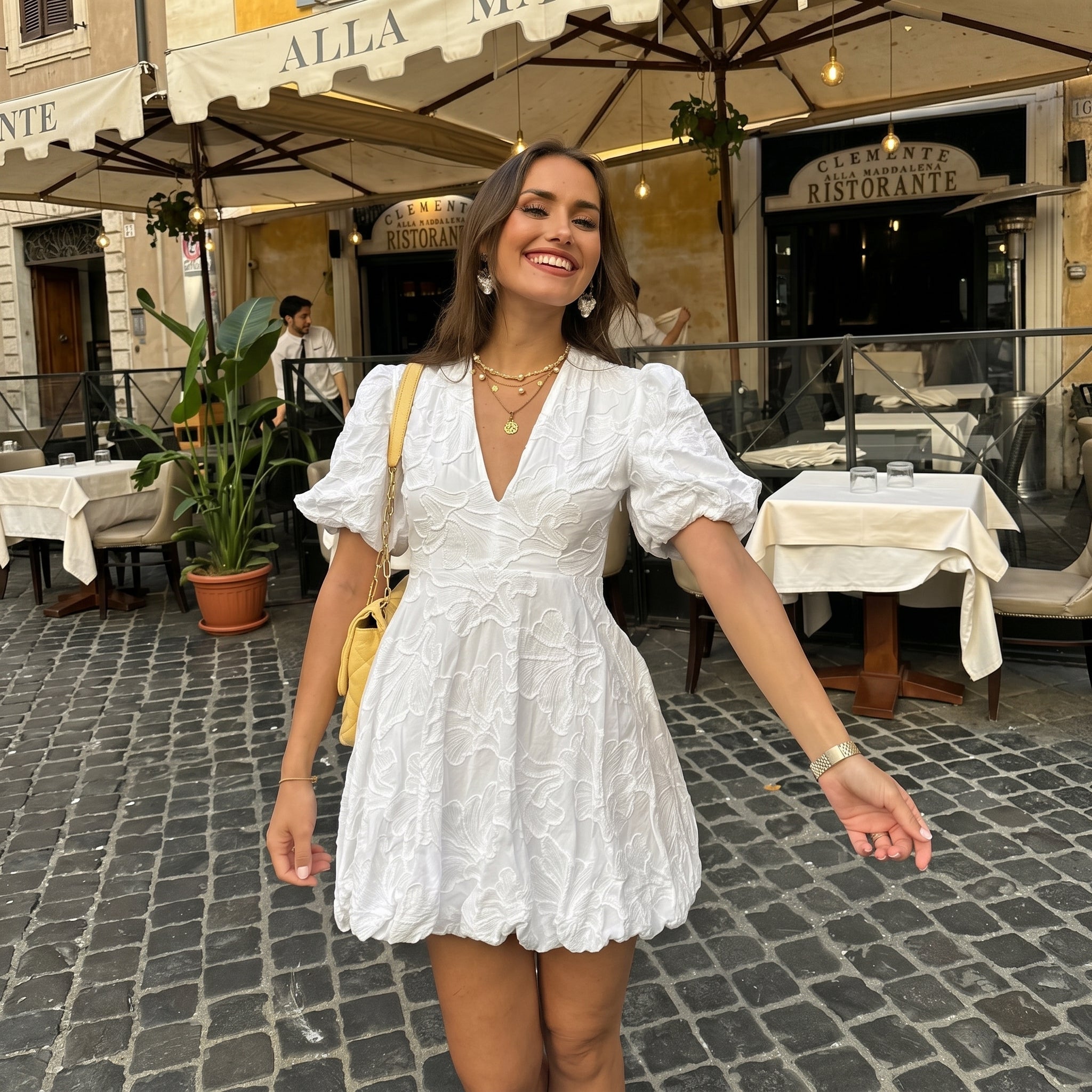 Freya - Women's Summer Floral Puff Sleeve Mini Dress - Mini Dress - White - Davies & Cooper