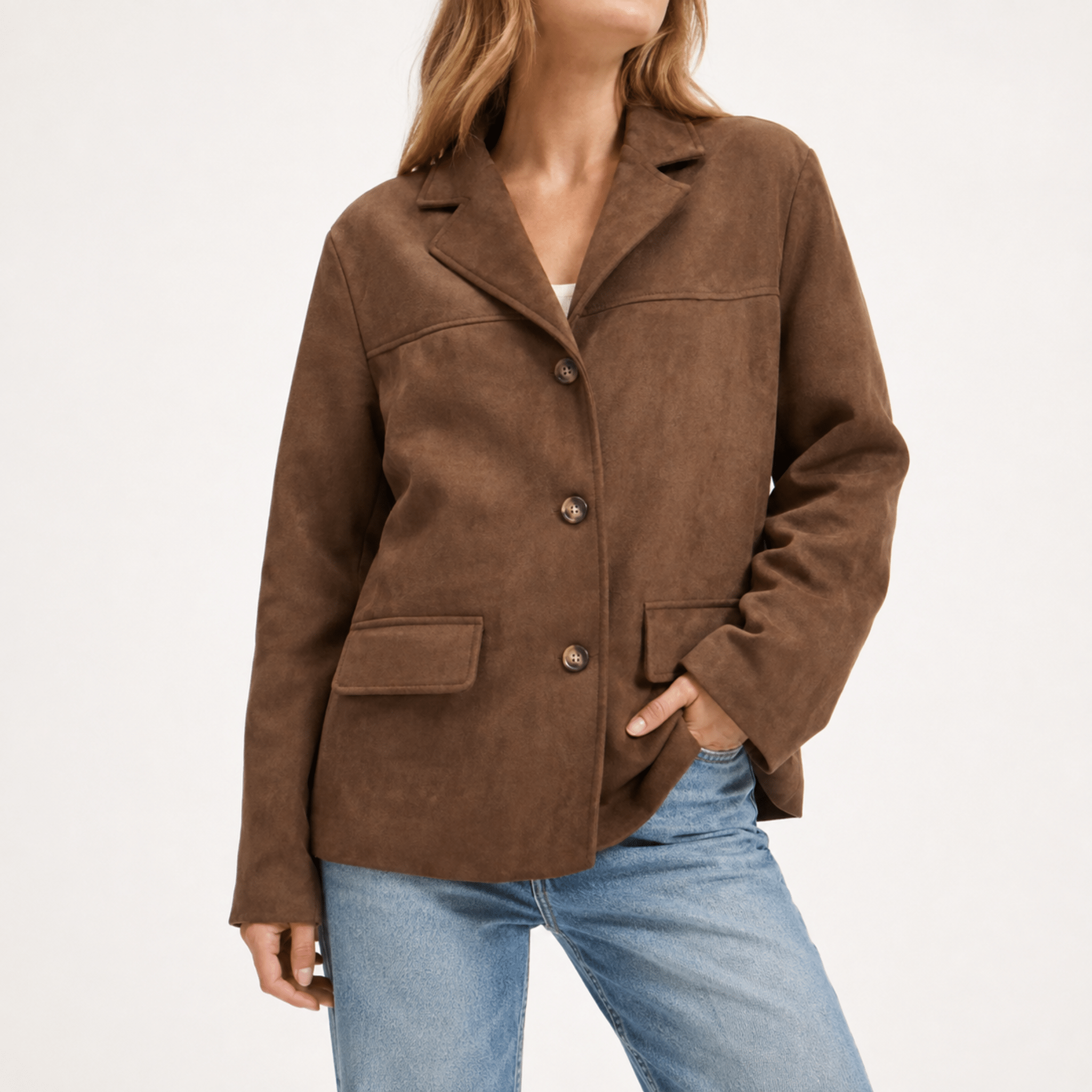 Frieda - Women's Single-Breasted Flap Pockets Notch Lapel Blazer - Blazers - Brown - Davies & Cooper