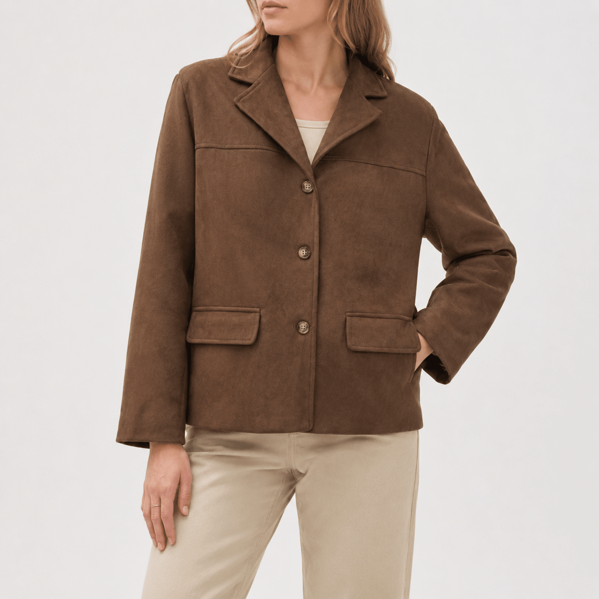 Frieda - Women's Single-Breasted Flap Pockets Notch Lapel Blazer - Blazers - Brown - Davies & Cooper