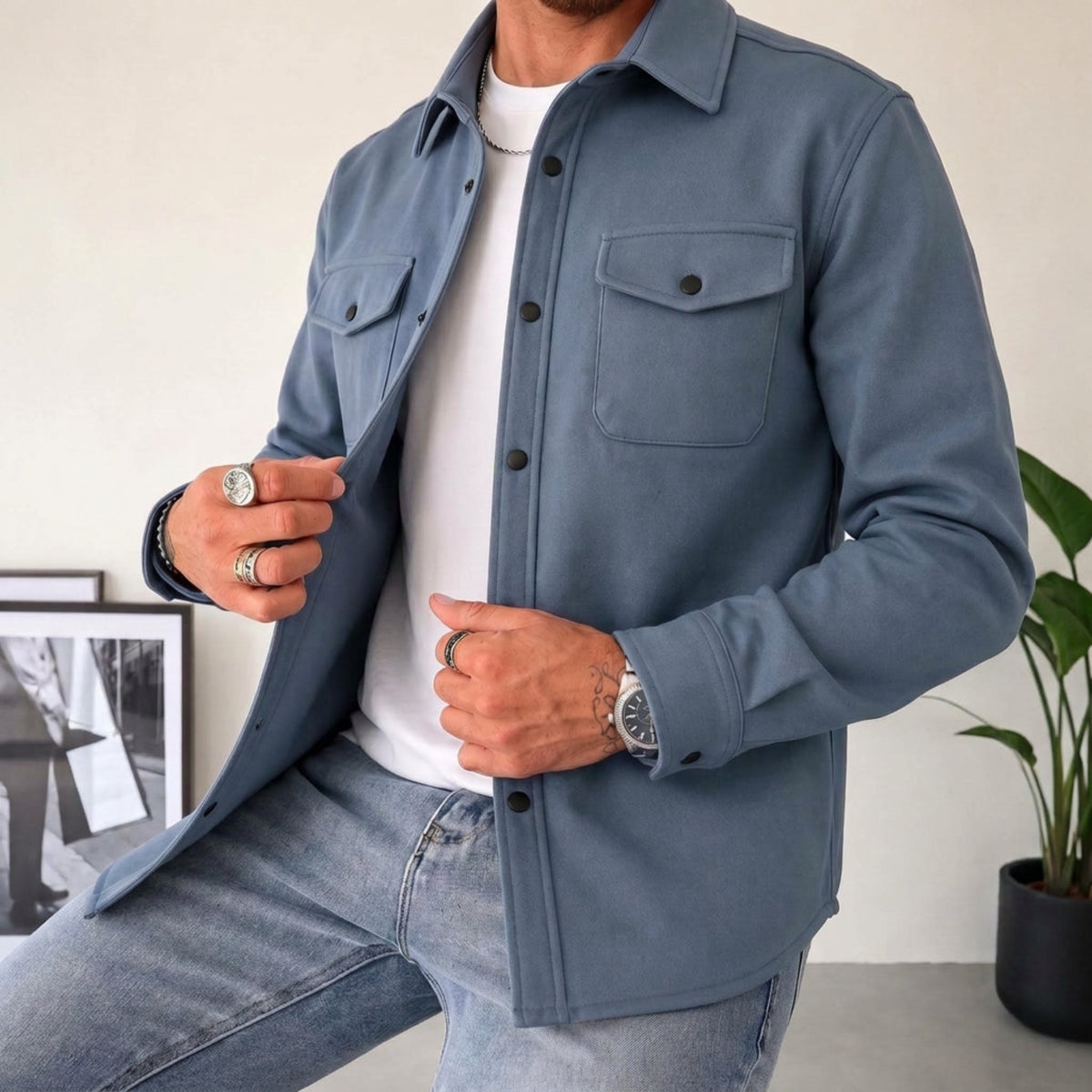 Friedrich - Men's Relaxed Fit Shirt Jacket with Dual Chest Pockets - Shirts - Blue - Davies & Cooper