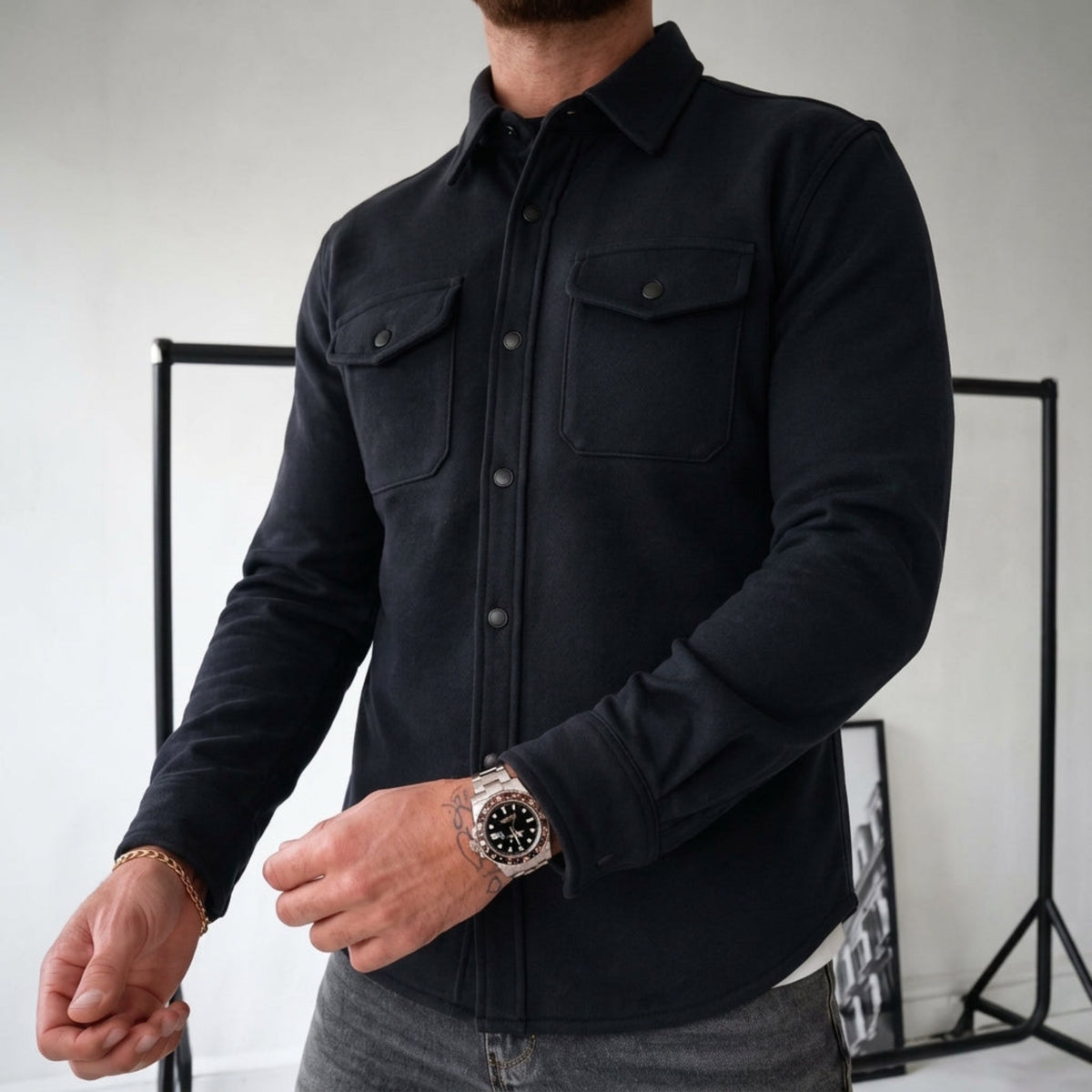 Friedrich - Men's Relaxed Fit Shirt Jacket with Dual Chest Pockets - Shirts - Black - Davies & Cooper