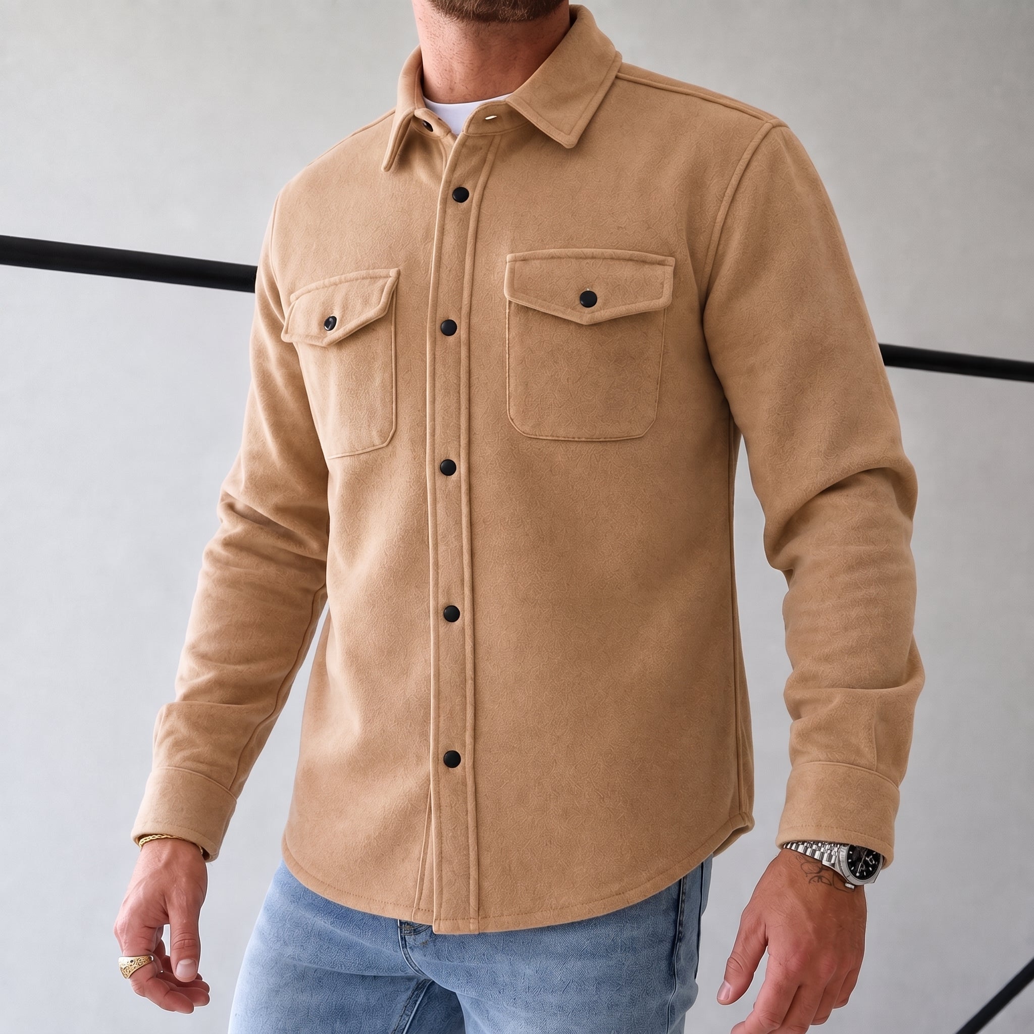 Friedrich - Men's Relaxed Fit Shirt Jacket with Dual Chest Pockets - Shirts - Beige - Davies & Cooper