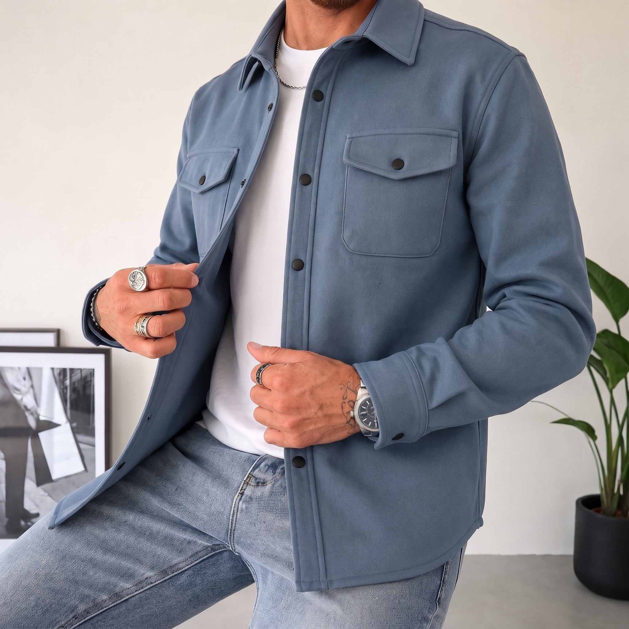 Friedrich - Men's Relaxed Fit Shirt Jacket with Dual Chest Pockets - Shirts - Blue - Davies & Cooper