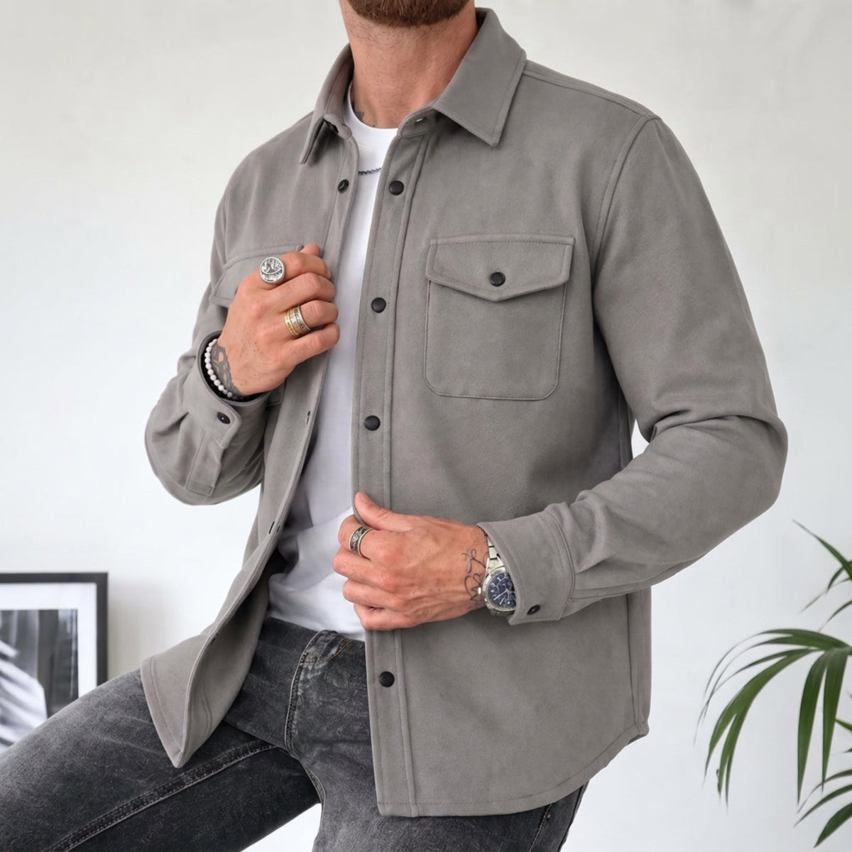 Friedrich - Men's Relaxed Fit Shirt Jacket with Dual Chest Pockets - Shirts - Grey - Davies & Cooper