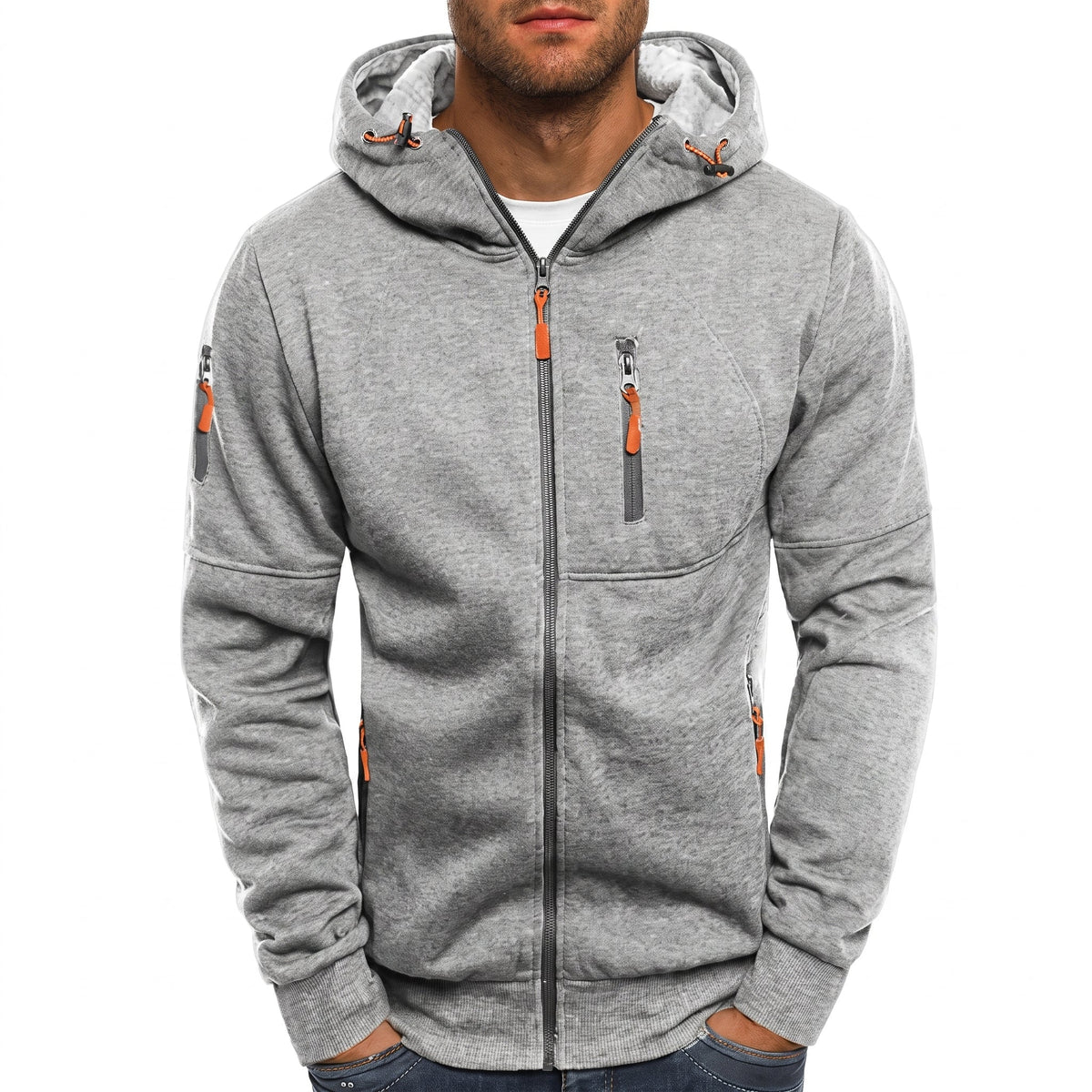 Friedrich - Men's Transitional Multi-Zip Pockets Hoodie - Hoodies - Light Grey - Davies & Cooper