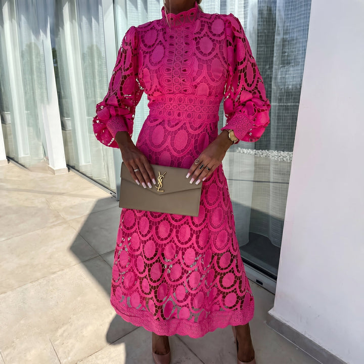 Eleanor - Women's Lace Long Sleeve High Neck Midi Dress