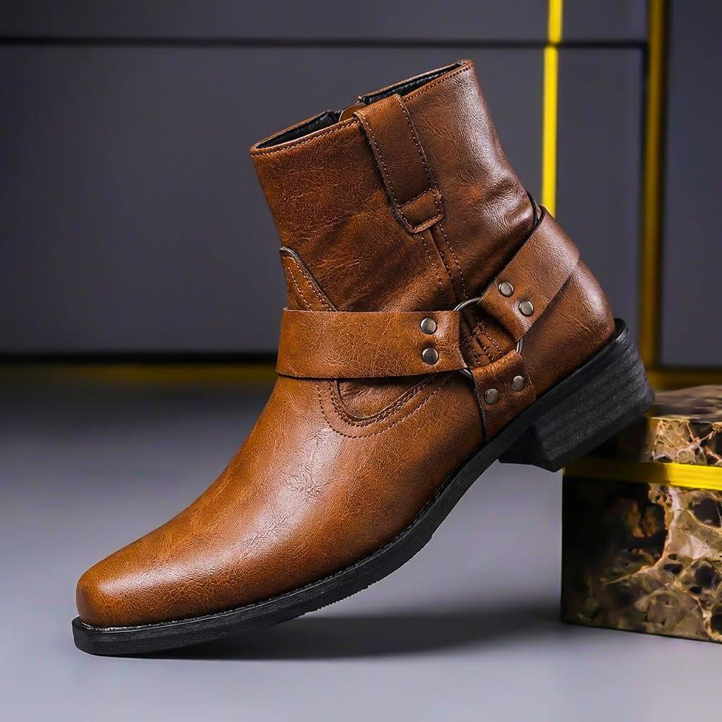 George - Men's Harness Strap Ankle Boots with Buckle Strap - Boots - Brown - Davies & Cooper