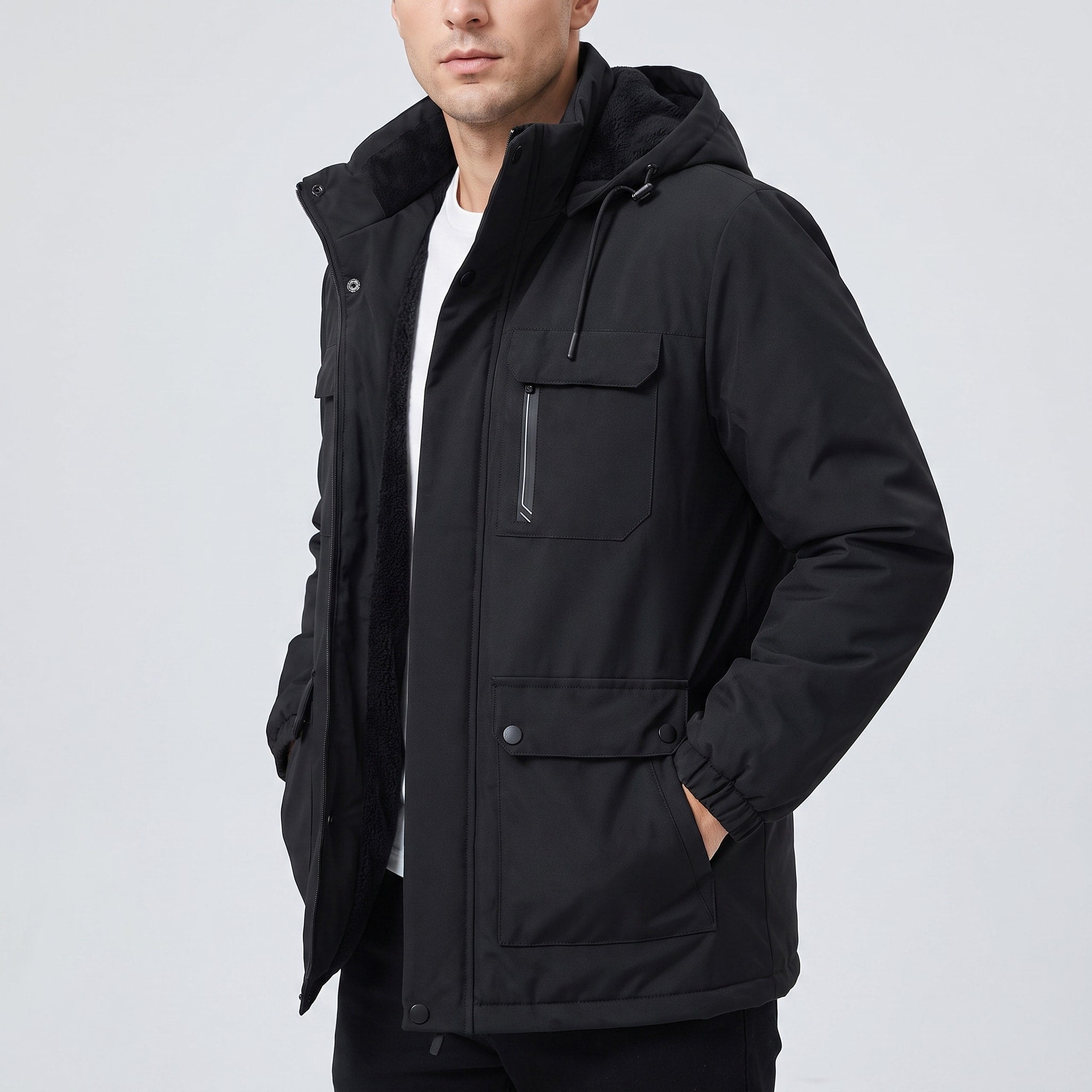 George - Men's Hooded Parka Jacket with Cargo Pockets - Parkas - Black - Davies & Cooper