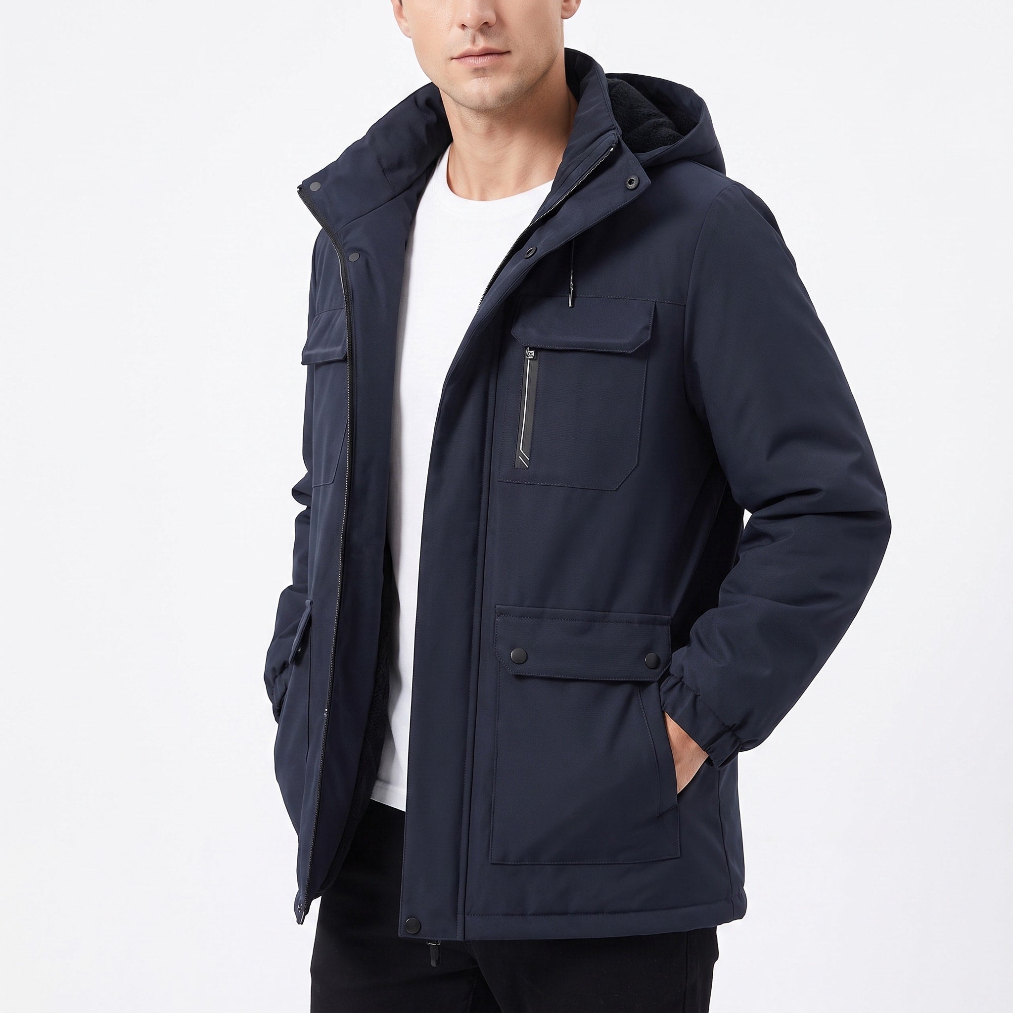 George - Men's Hooded Parka Jacket with Cargo Pockets - Parkas - Blue - Davies & Cooper