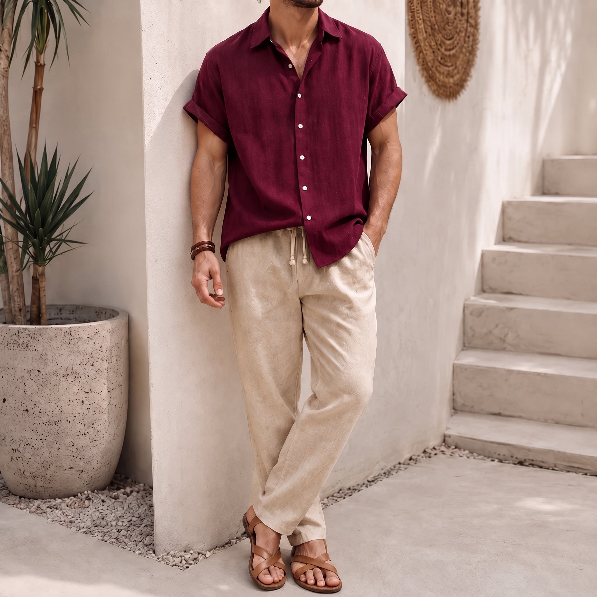 George - Men's Summer Co-ord Shirt and Drawstring Trouser Set - Outfit Sets - Wine Red - Davies & Cooper