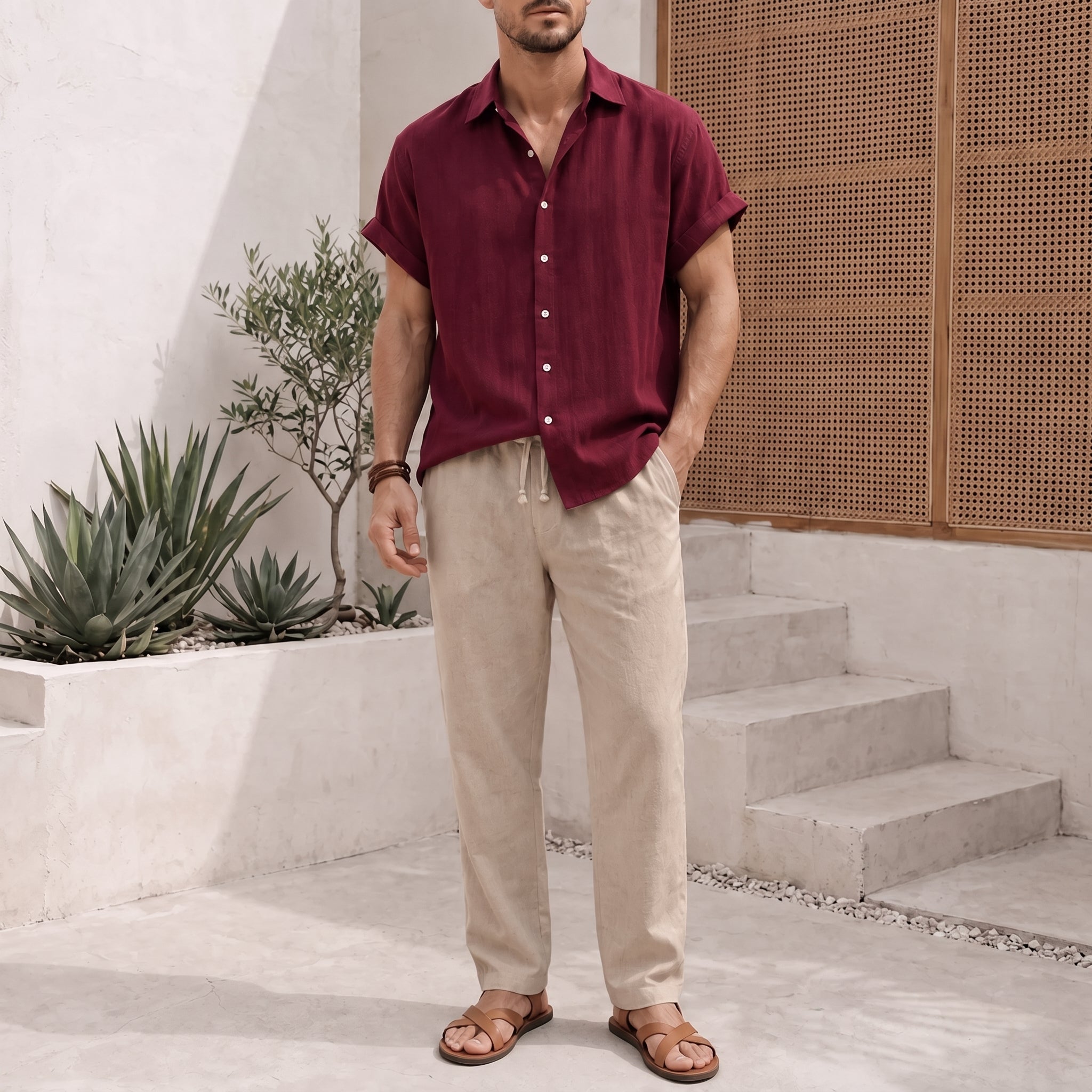 George - Men's Summer Co-ord Shirt and Drawstring Trouser Set - Outfit Sets - Wine Red - Davies & Cooper