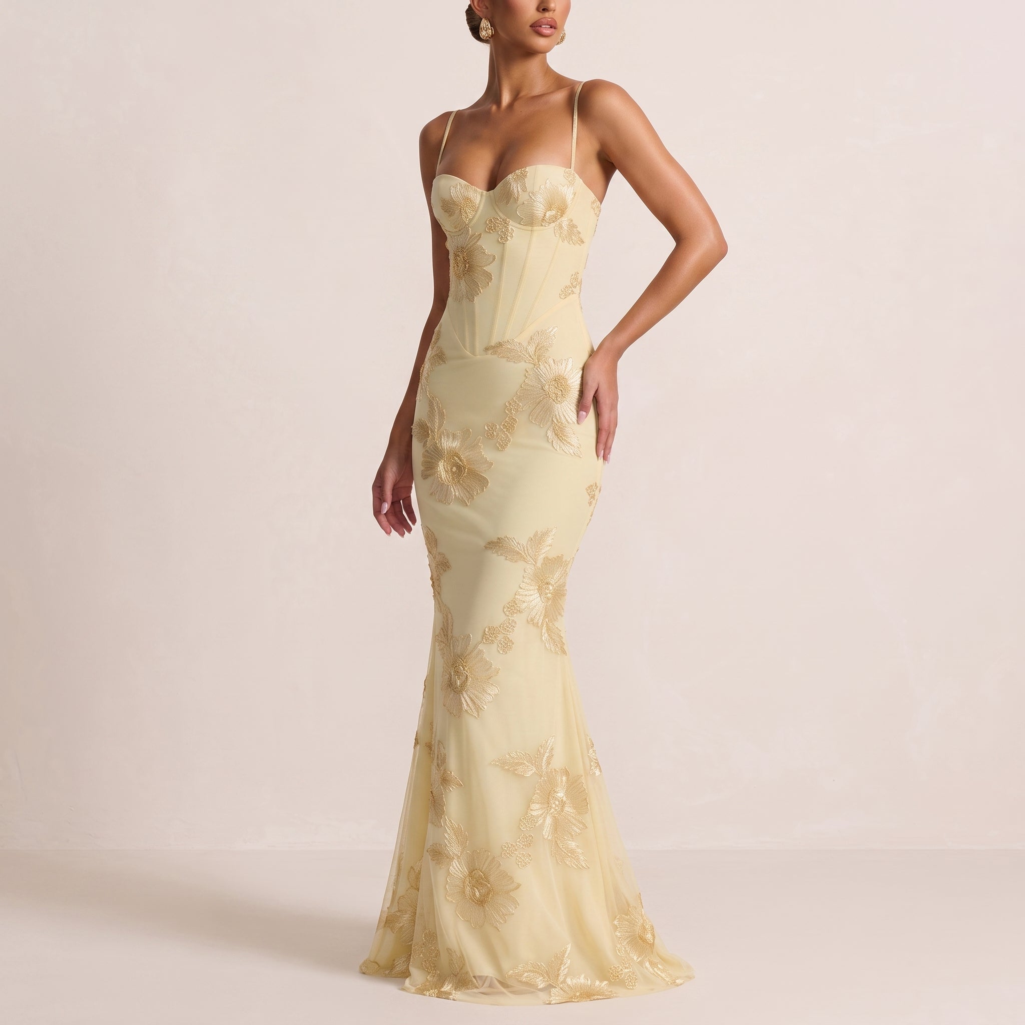 Georgia - Women's Evening Floral Corset Maxi Dress - Maxi Dress - Yellow - Davies & Cooper