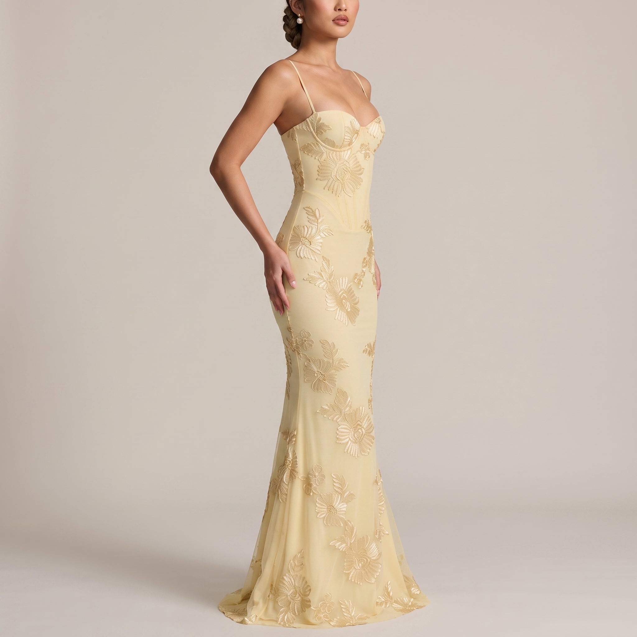 Georgia - Women's Evening Floral Corset Maxi Dress - Maxi Dress - Yellow - Davies & Cooper