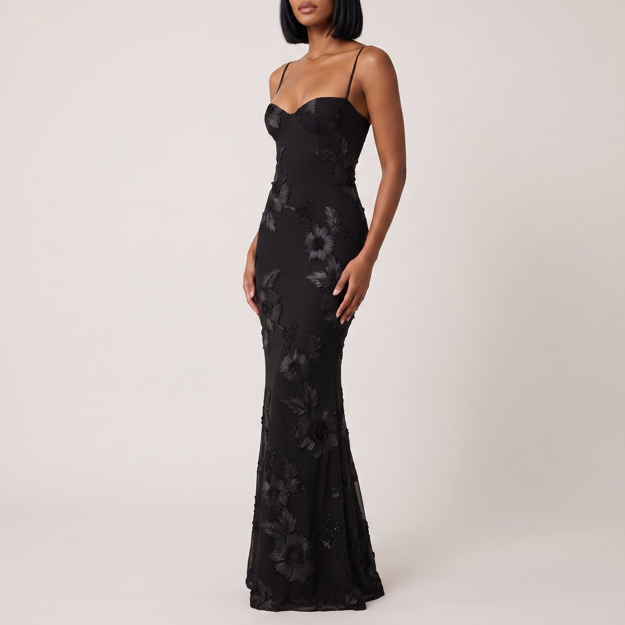 Georgia - Women's Evening Floral Corset Maxi Dress - Maxi Dress - Black - Davies & Cooper