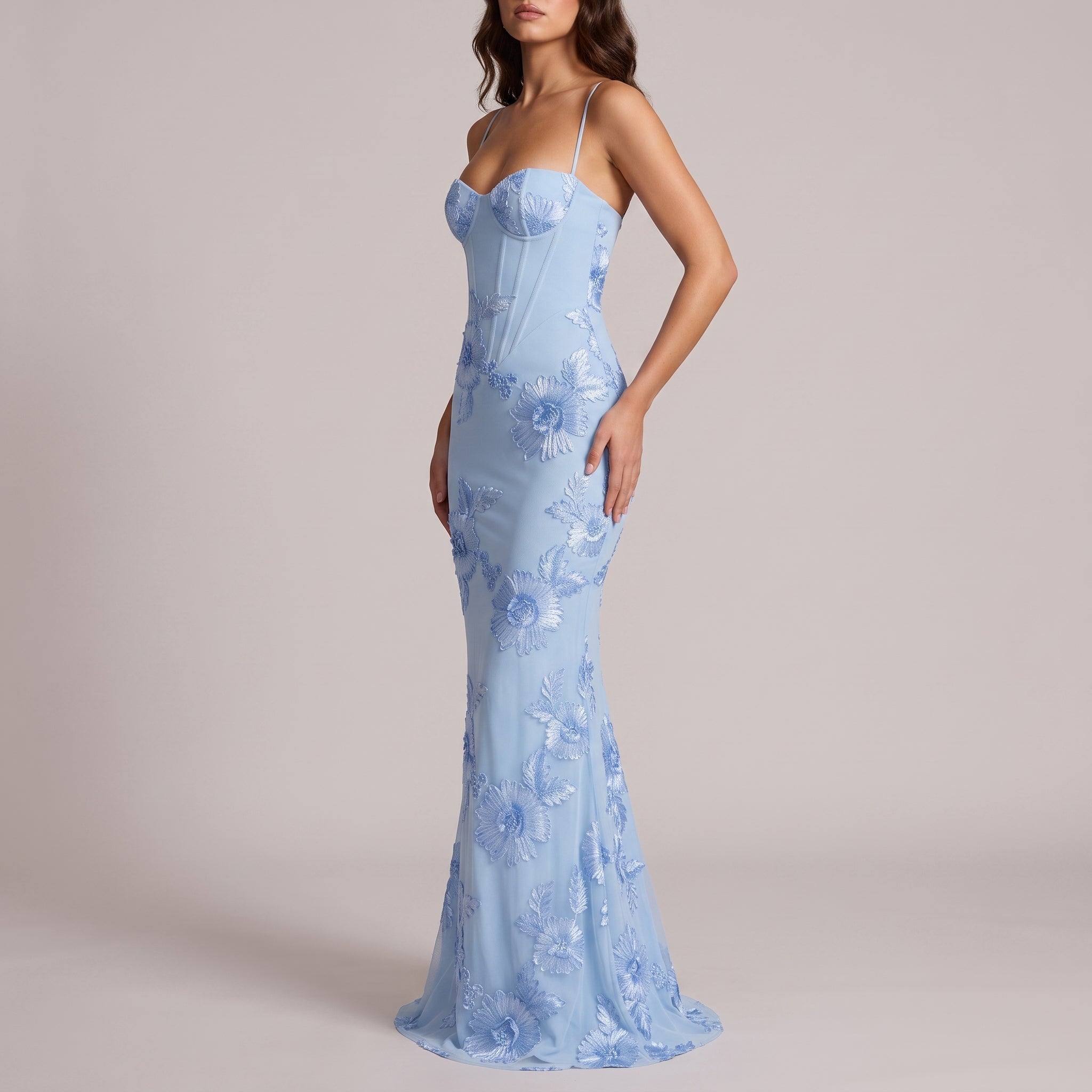 Georgia - Women's Evening Floral Corset Maxi Dress - Maxi Dress - Light Blue - Davies & Cooper