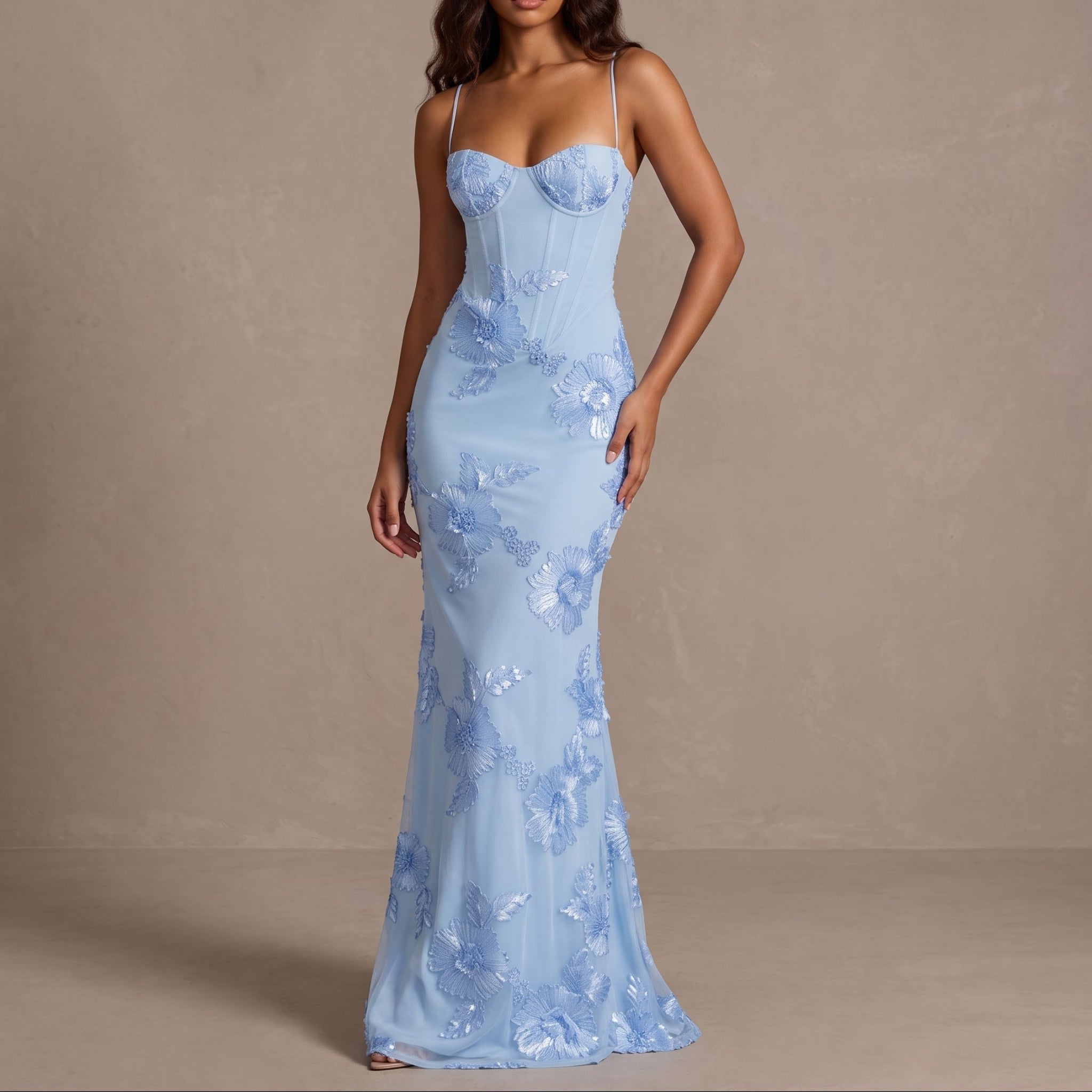 Georgia - Women's Evening Floral Corset Maxi Dress - Maxi Dress - Light Blue - Davies & Cooper