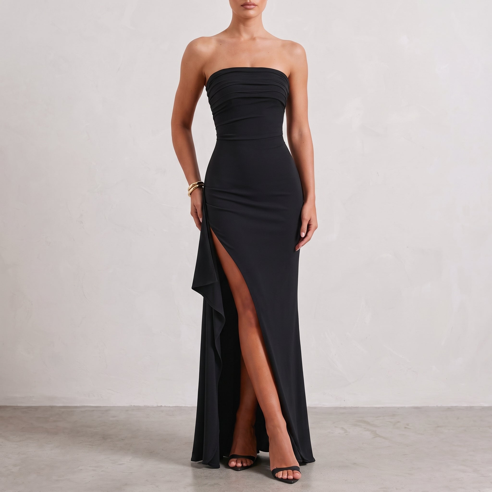 Georgia – Women's Evening Strapless Ruffle Split Maxi Dress - Dresses - Black - Davies & Cooper