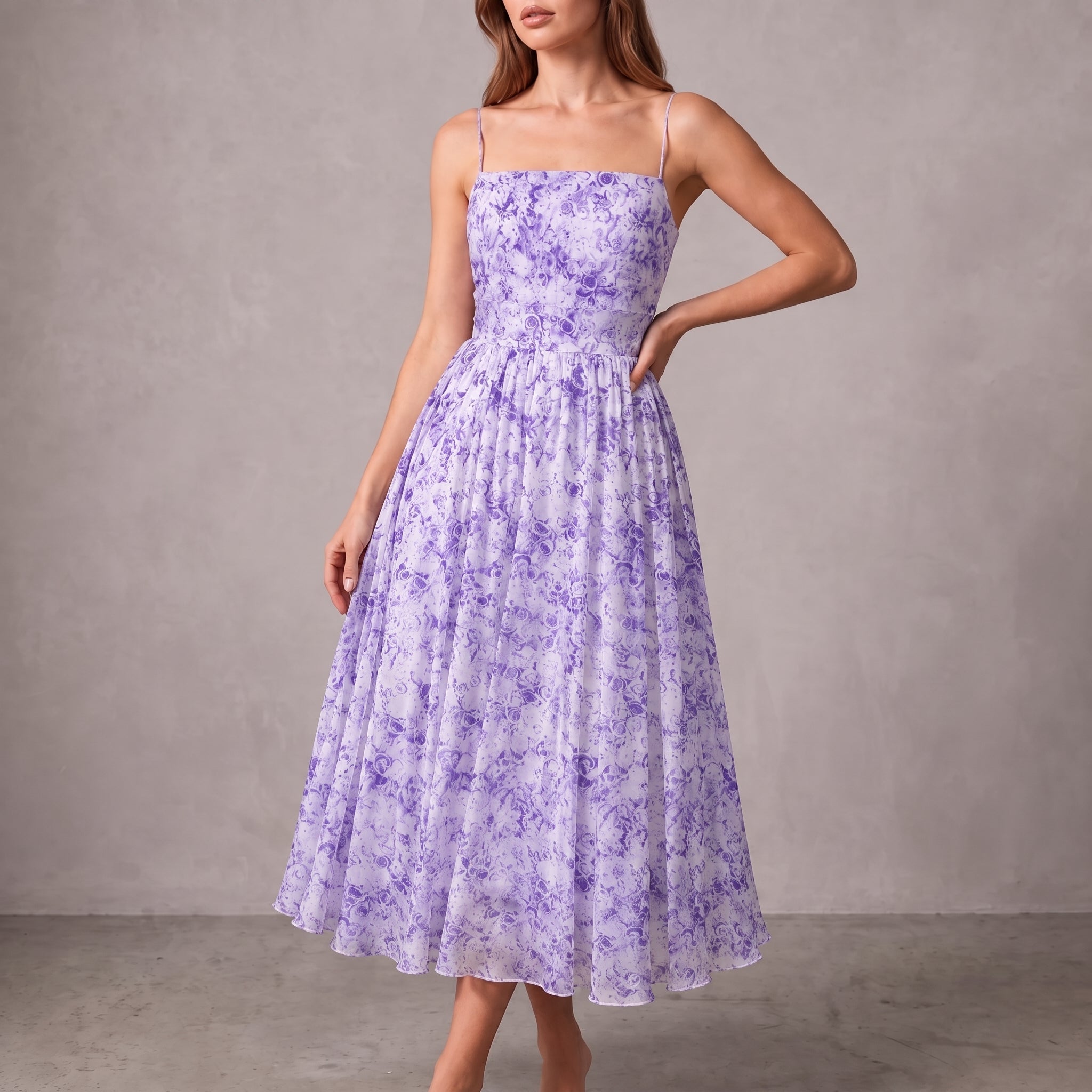 Georgia - Women's Party Floral Ruched Bodice Midi Dress - Dresses - Purple - Davies & Cooper
