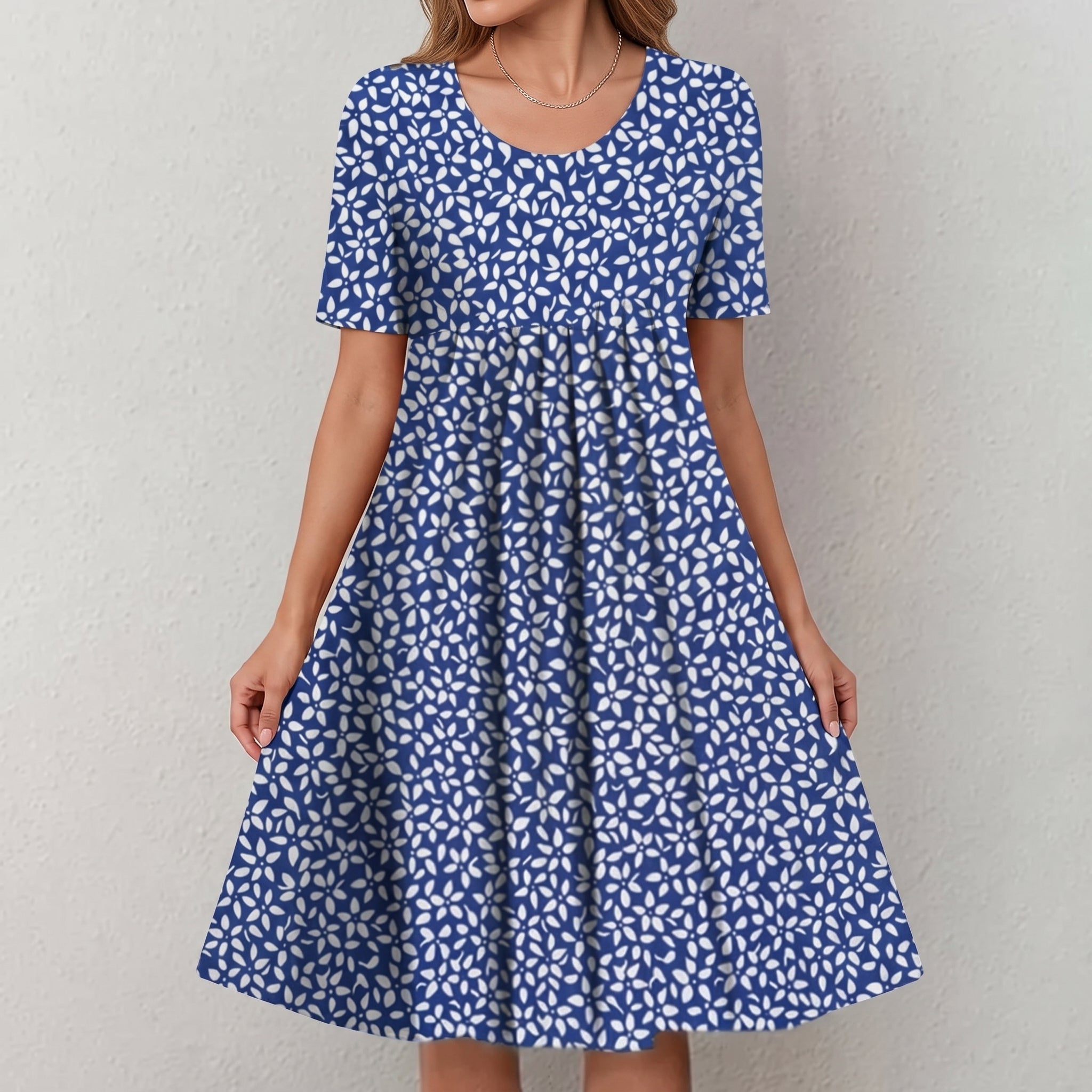 Georgia – Women's Printed Smocked Bodice Midi Dress - Dresses - Dark Blue - Davies & Cooper